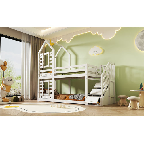 Bunk Bed Storage Children Cabin Bed Single Bed With Window For Kids, Twin Sleeper 190x90 Cm, Solid Pine Wood,3FT -White