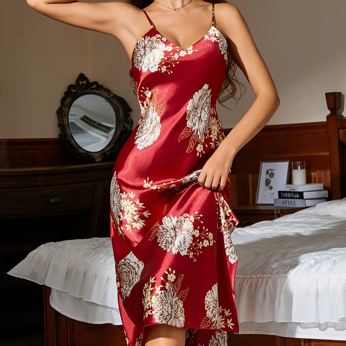 Womens European And American-style Floral-print Sleeveless Summer Loungewear Dress