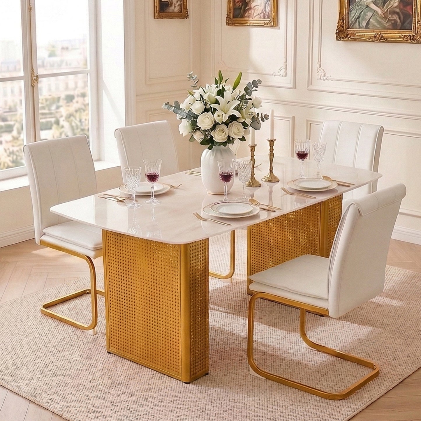 Modern Rectangular Tempered Glass Dining Table, Marble-Patterned Design With Gold Dual-Pedestal Metal Base, Ideal For Dining Room & Home Office