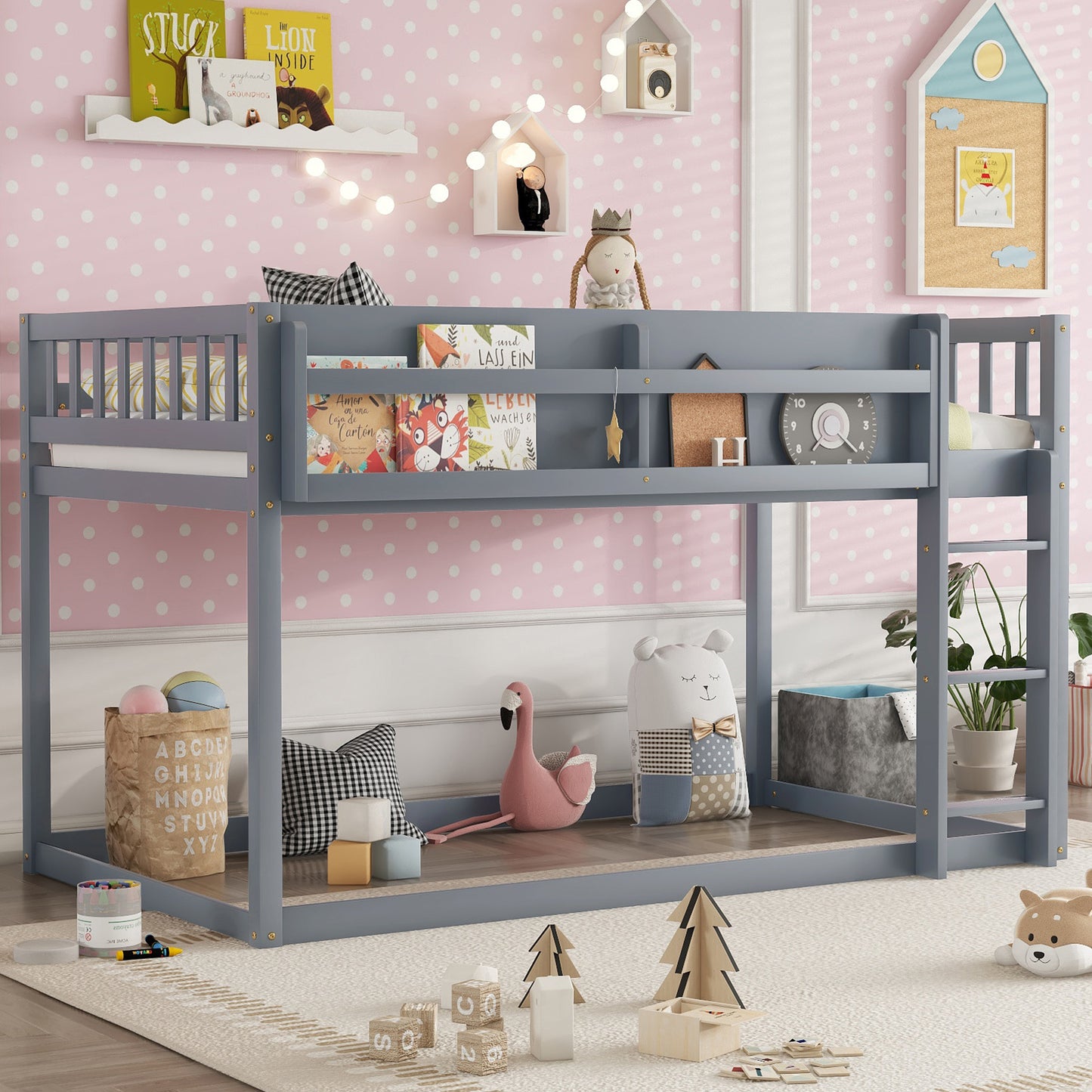Low Twin Over Twin Bunk Bed, Floor Bunk Bed With Ladder, Solid Wood Twin Bunk Bed For Kids & Juniors, GreyExpect Arrival Date 2025 11 25