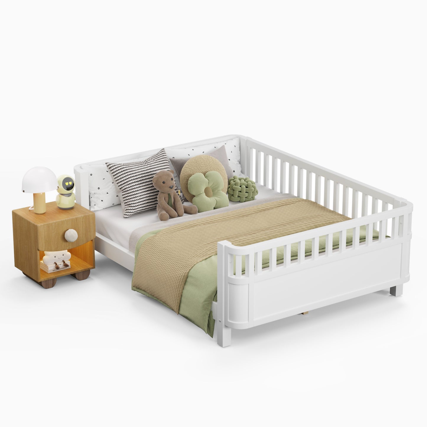 Full Size Wood Platform Bed For Kids, Wood Low Profile Full Bed With Rails For Girls And Boys, White Patented Design, Old SKU W2593P233767