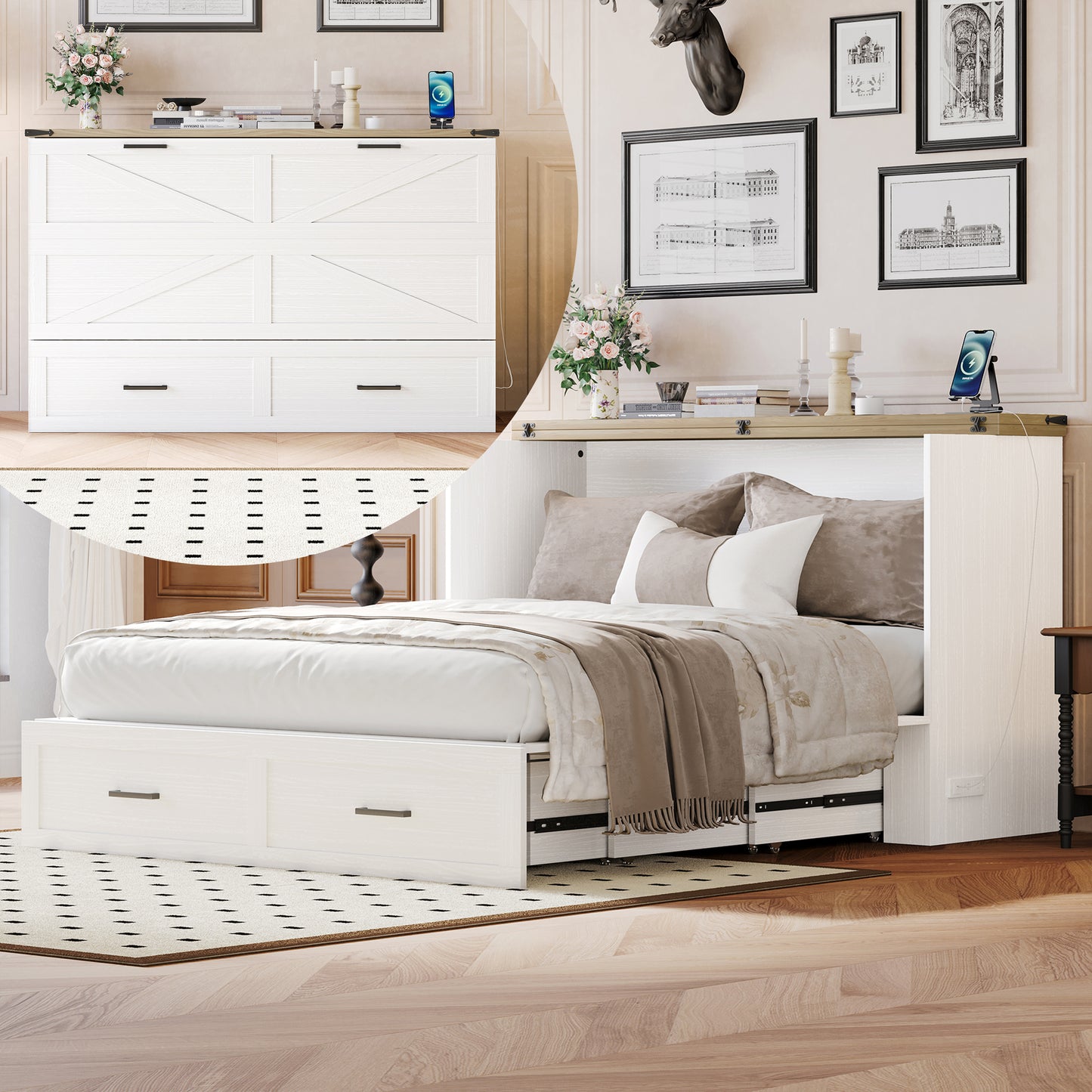 Queen Size Farmhouse Murphy Cabinet Bed With Charging Station, Foldable Platform Bed With Large Storage Drawer For Guest-Room, Small Bedroom, White