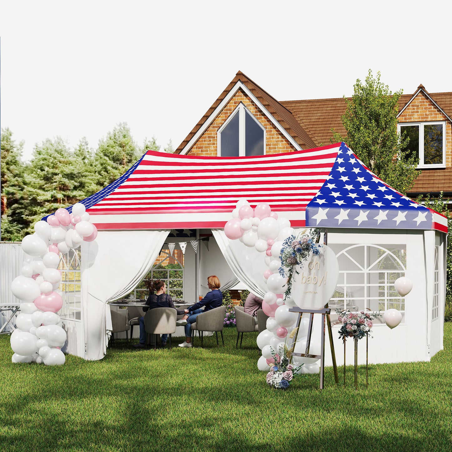 22.3 x 16.4 ft Heavy Duty Party Tent, Outdoot Canopy Tent with 2 Doors and 6 Windows, American Flag