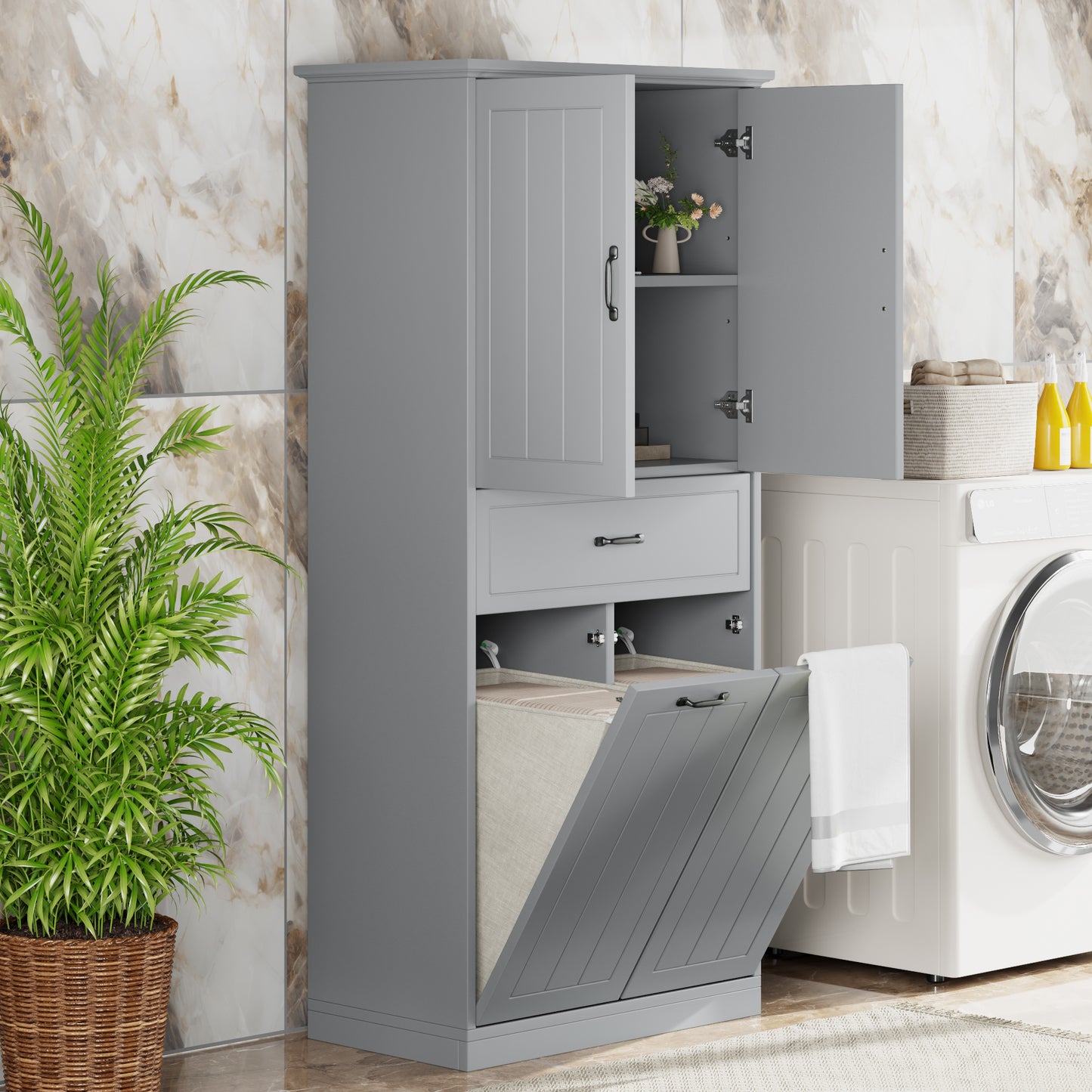 Bathroom Storage Cabinet With Two Laundry Baskets, Storage Cabinet With Doors And Drawer For Home, Grey
