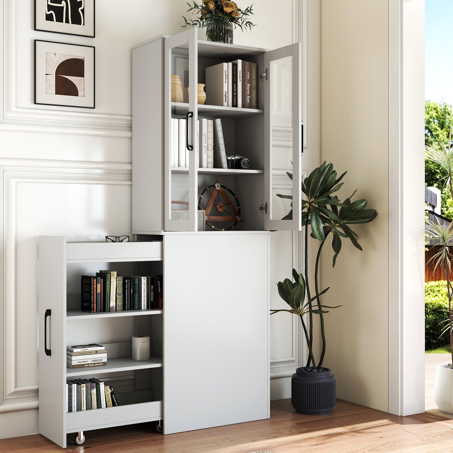 70.87 H Display Storage  Cabinet , 4 Tier Multi-functional Pull-out Multi-tier Storage Shelf & 2 Glass Doors, Modern Wooden  Kitchen Pantry Cabinet For Living Room Or Kitchen And Dinning Room