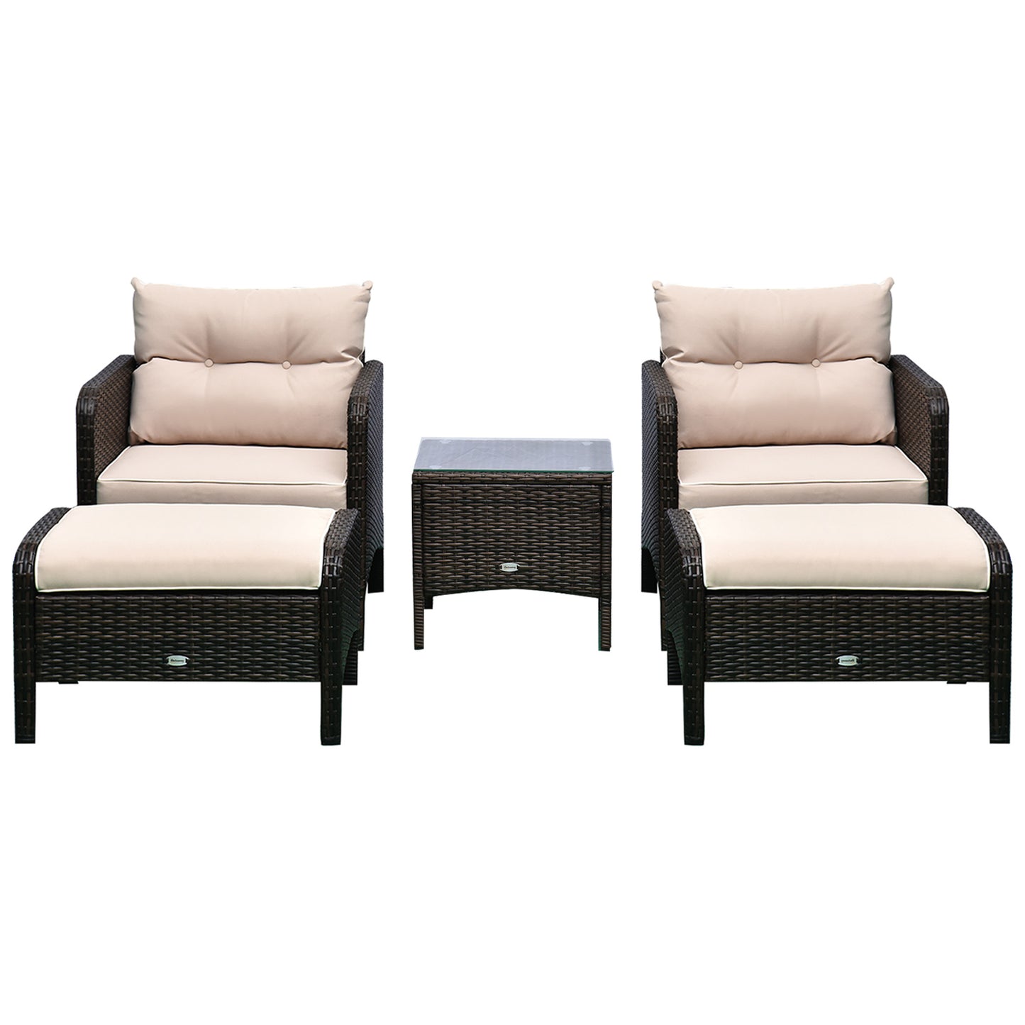 5 Pieces Rattan Wicker Lounge Chair Outdoor Patio Conversation Set with 2 Cushioned Chairs, 2 Ottomans and Tempered Glass Top Coffee Table, Brown/Beige
