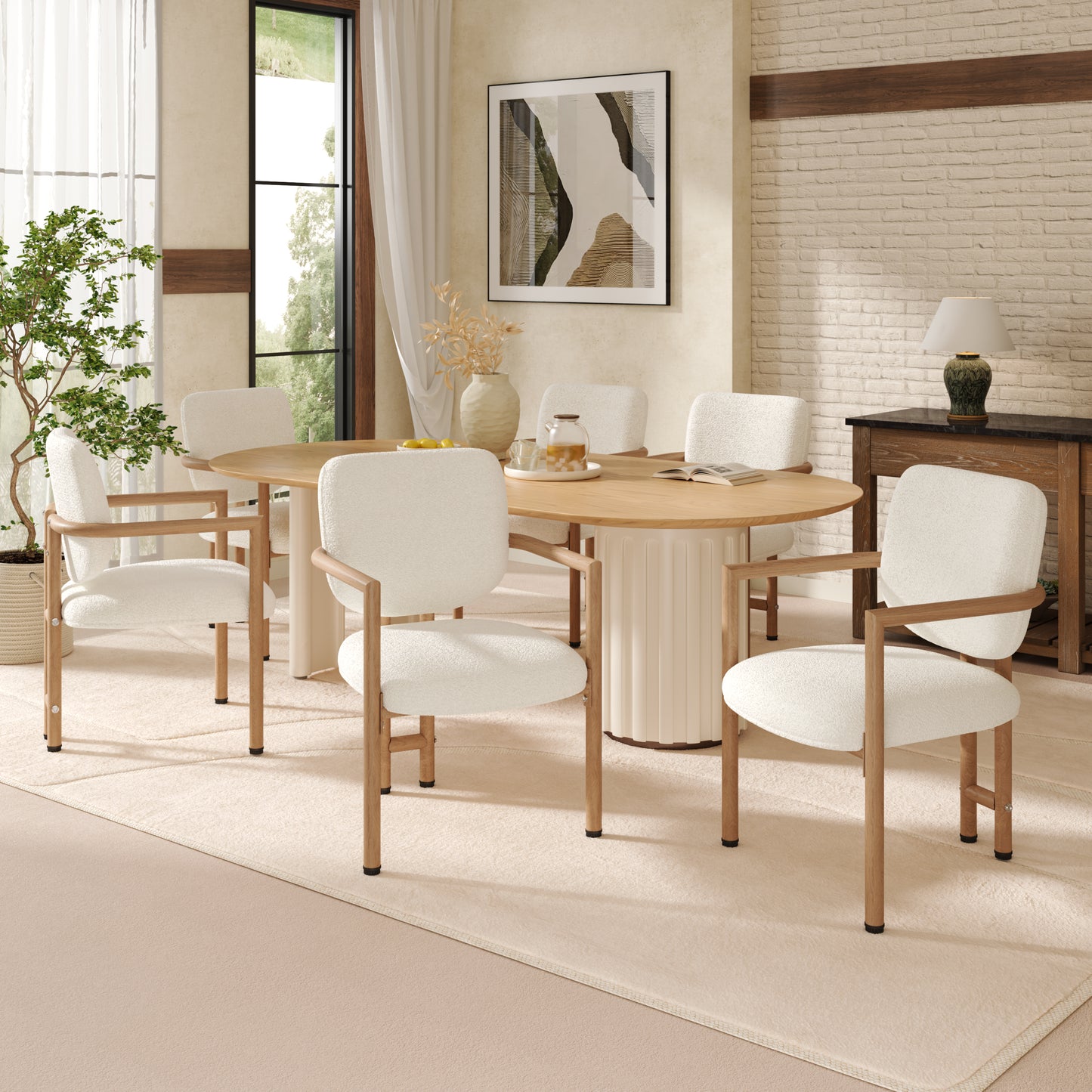 Set Of 6, Metal Chairs, Dining Chairs, Suitable For Homes, Restaurants, Living Rooms, And Cafes, Boucle, Natural Wood Color
