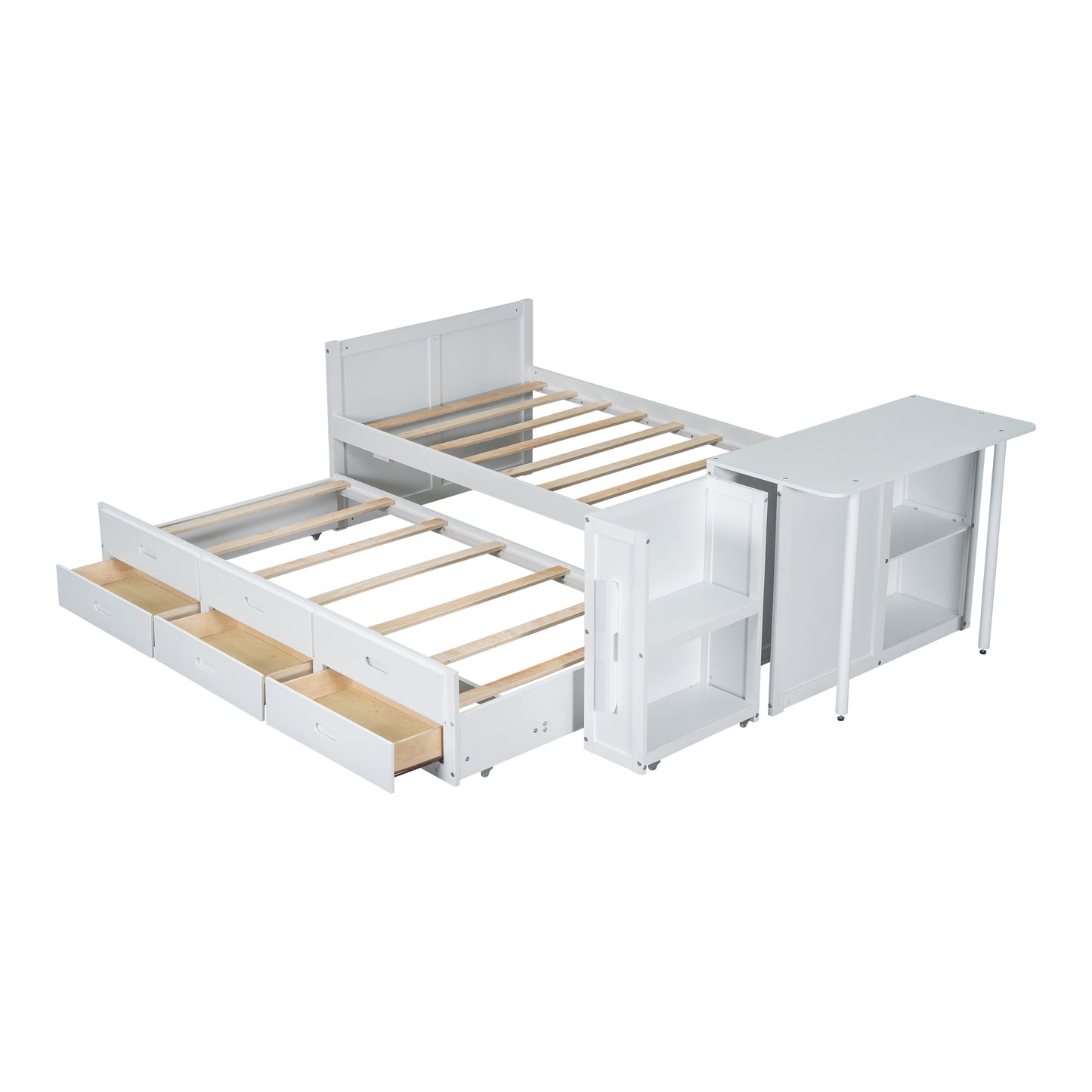 Twin Size Multifunctional Wood Platform Bed With Desk And Storage Shelf At The End Of The Bed, Built-in Trundle And 3 Drawers, White