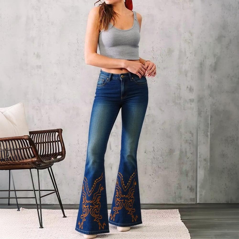 Embroidered Flared Jeans, High-Waist Bootcut Jeans, Women's Denim Style, Vintage Stretch Pants, Western Retro Flared Pants