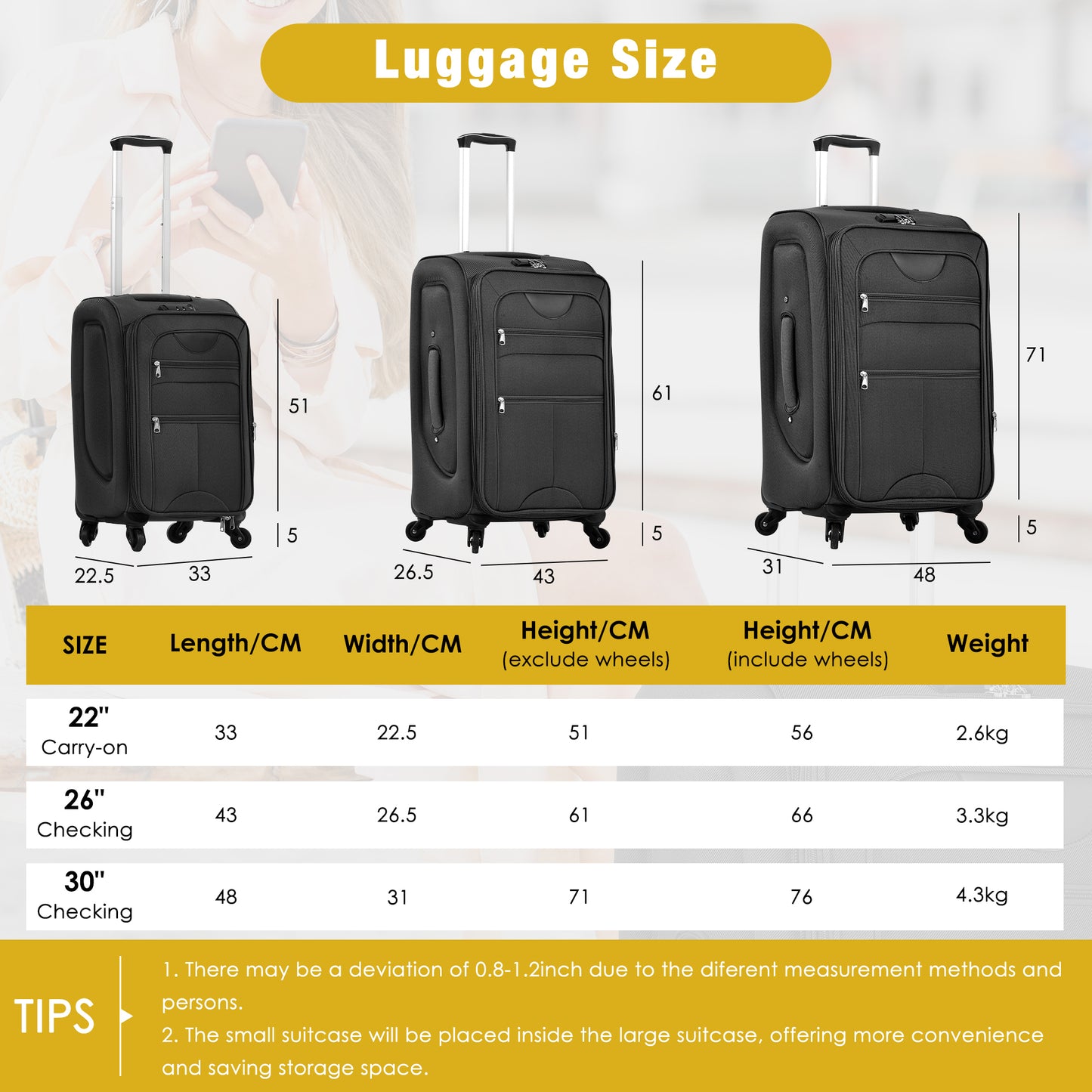 Softside Luggage Expandable 3 Piece Set Suitcase With Duffel Bag Upright Spinner Softshell Lightweight Luggage Travel Set-22-26-30 IN
