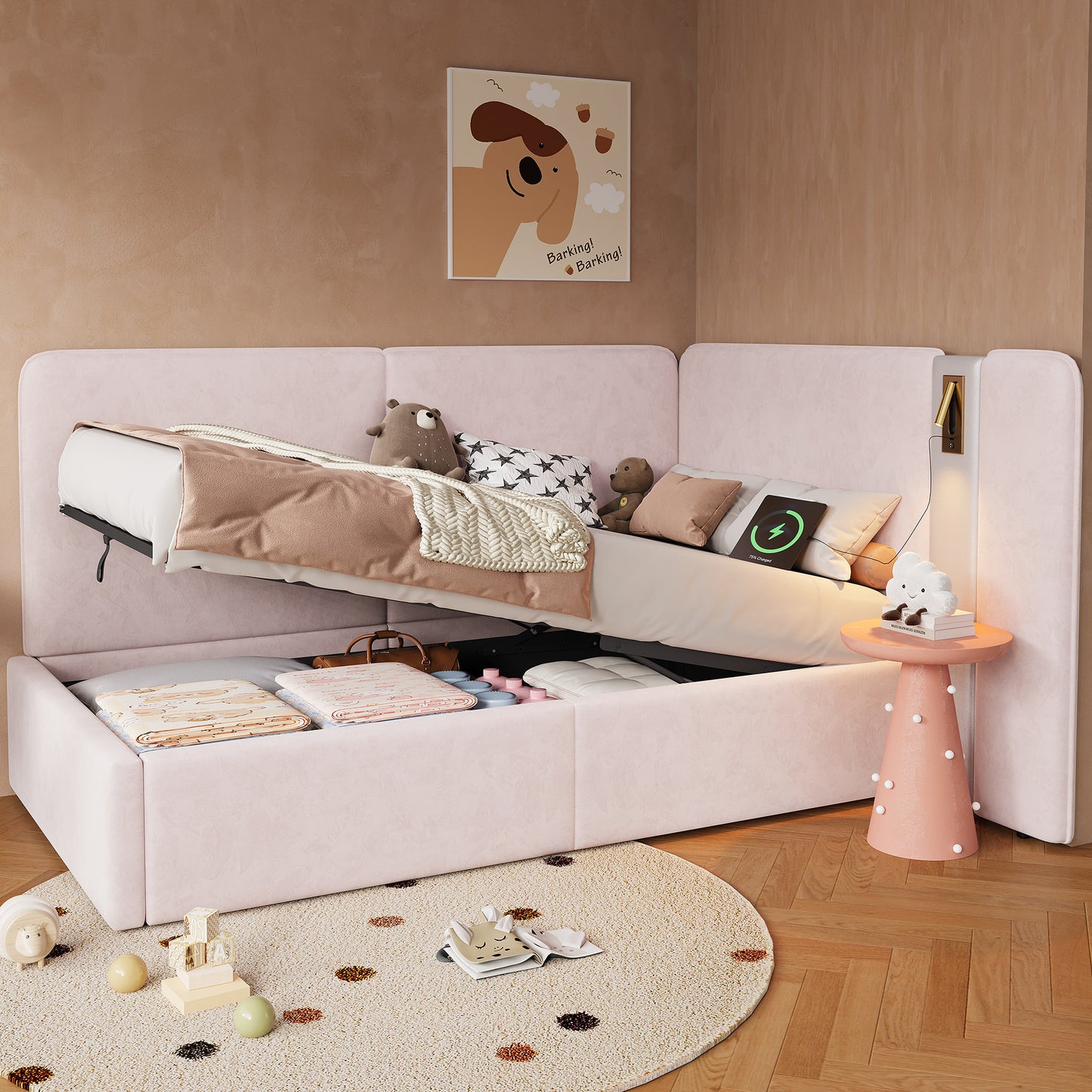 Daybed,  3FT Single Bed 90x190cm, L-shaped Upholstered With Storage, Sofa Bed, Hydraulic Bed With USB Charging Port And Reading Lamp, Velvet, Pink