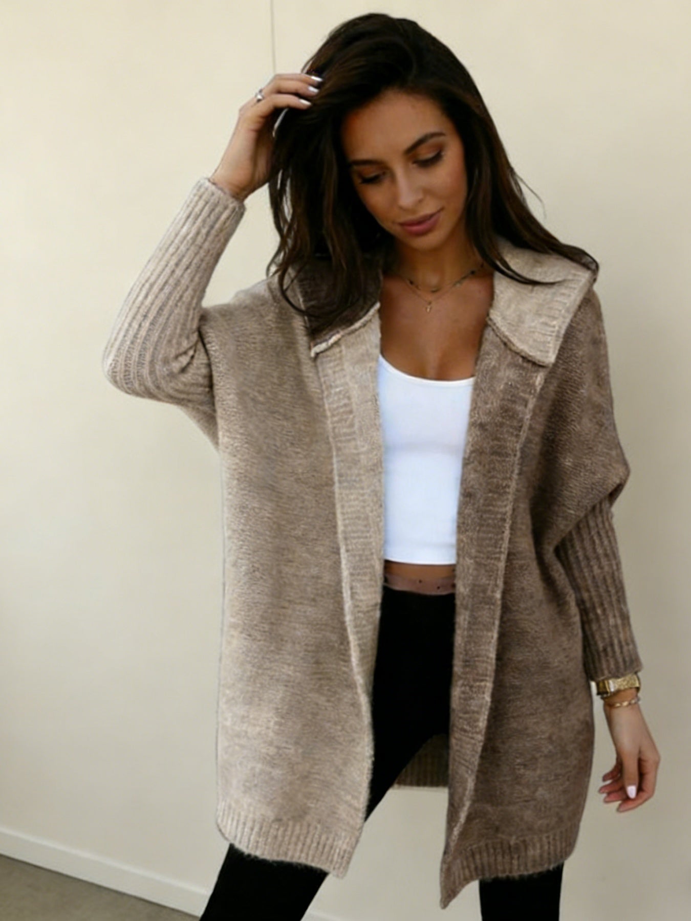 New Style Women's Color-blocked Hooded Knitted Cardigan, Large-sized Mid-length Sweater For Autumn And Winter, Women's Outerwear