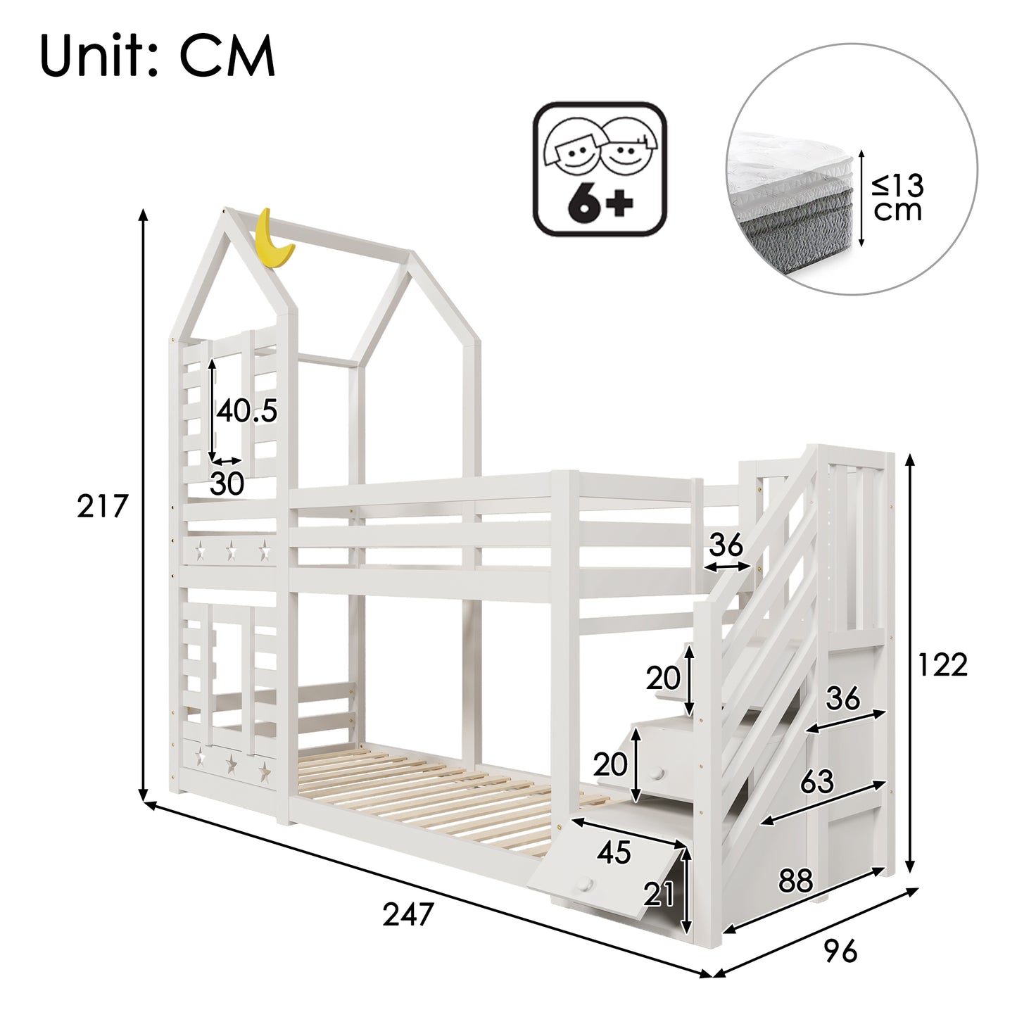 Bunk Bed Storage Children Cabin Bed Single Bed With Window For Kids, Twin Sleeper 190x90 Cm, Solid Pine Wood,3FT -White
