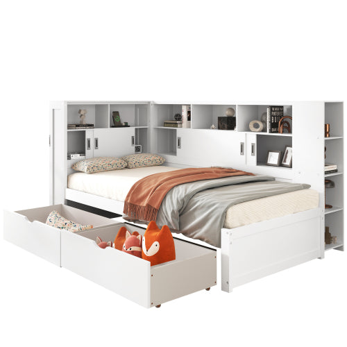 Platform Bed With Trundle  Bookcase  USB,Single Bed-3ft 90x190cm,Household Bed, Multifunctional Bed,with 2 Storage Drawers, Dust-proof Cabinet And Shelves, Large Storage Space,white