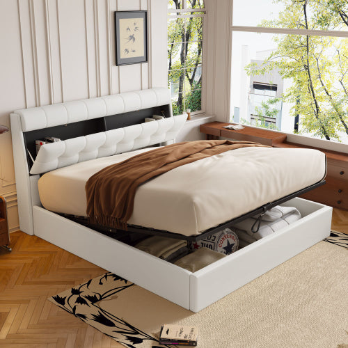 Fashion Upholstered Bed,150x200  5ft, King Bed,Hydraulic Bed,Concealed Headboard Storage,Bed Box Storage,PU,With Slats And Headboard,Without Mattress,Cream White