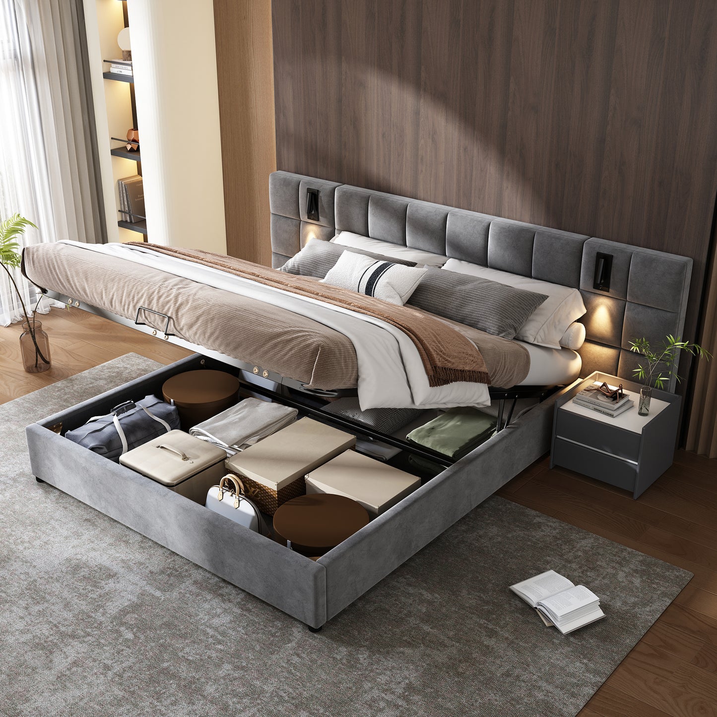 Upholstered Bed, Double Bed-4ft6  135x190cm, Hydraulic Storage Bed With Directional Lamp And USB Charging, Wide Headboard, Without Bedside Tables And Mattress, Velvet, Grey