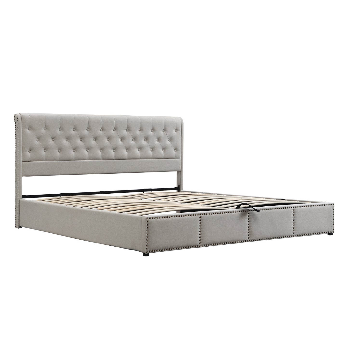 Upholstered Bed,King Size Bed-5ft 150x200cm,with Hydraulic Lever, Functional Storage Bed, Rivet Decoration, Without Mattress, Linen, Light Grey