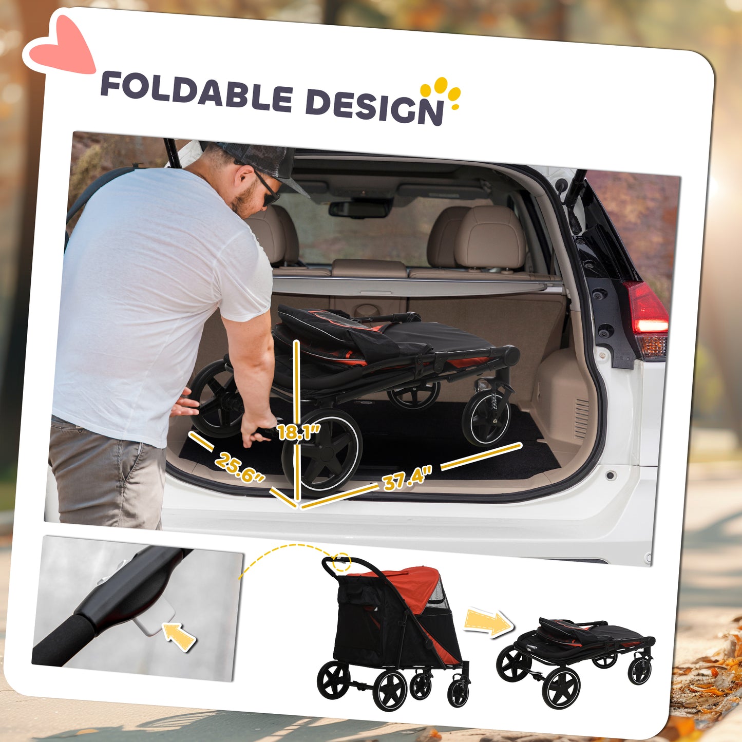 Dog Stroller , One-Click Foldable Pet Stroller, Shock Absorption Wheels, Red