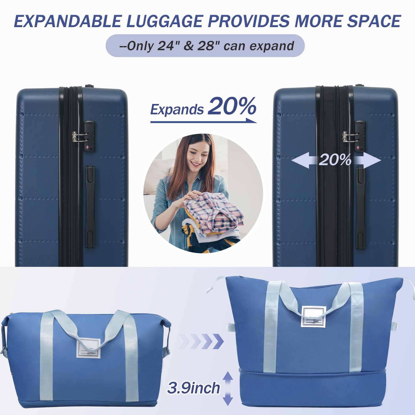 Hardside Luggage Set 5 Piece With Bags,20IN Half-opening Carry On Luggage With USB Port, Expandable 24IN 28IN Luggage With Double Spinner Wheels TSA Lock
