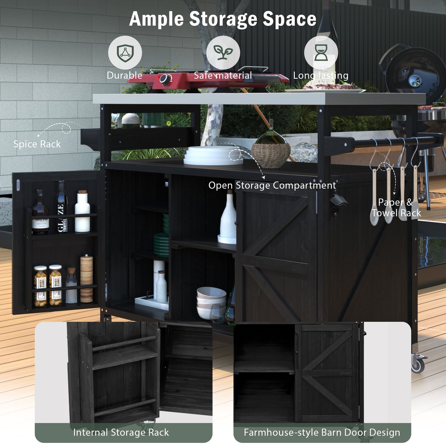K&K Outdoor Kitchen Island, Rolling Bar Cart & Storage Cabinet, Farmhouse Solid Wood Outdoor Grill Table With Stainless Steel Top, Spice Rack , Towel Rack For Kitchen & Barbecue, Black