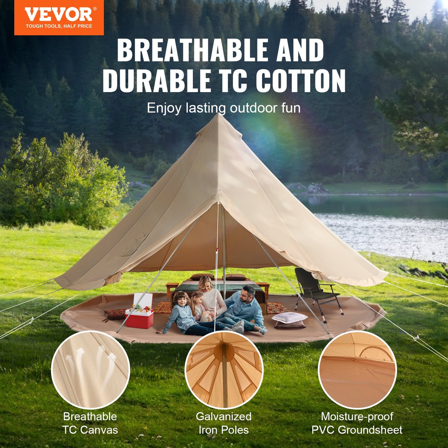 8-10 Person Canvas Glamping Bell Tent, Breathable Waterproof Yurt Tent With Stove Jack And Detachable Side Wall For Family Camping,16'x16'x118 "(Diameter 5M)
