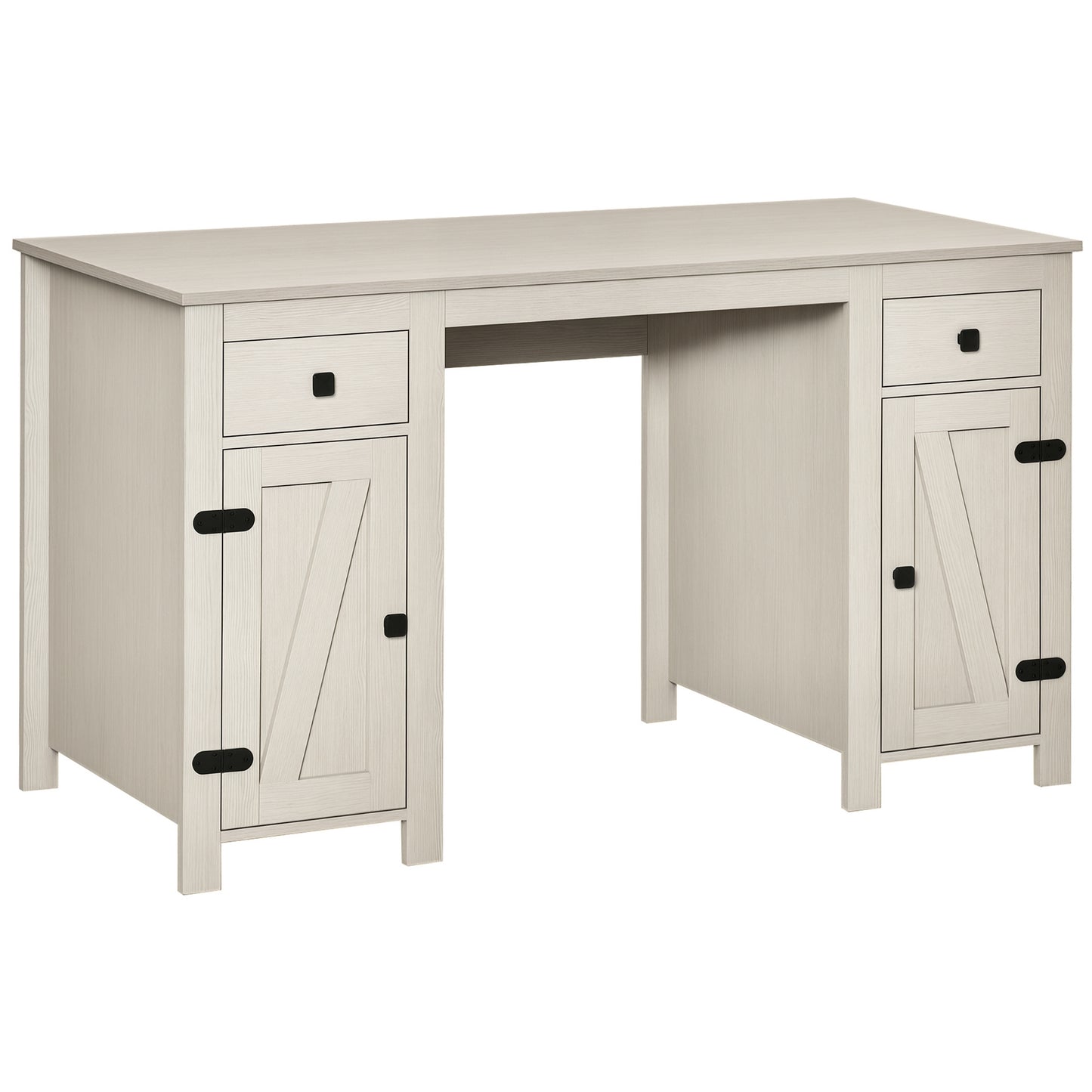 Farmhouse Computer Desk with Storage, Home Office Desk with 2 Drawers and 2 Cabinets, Cream White