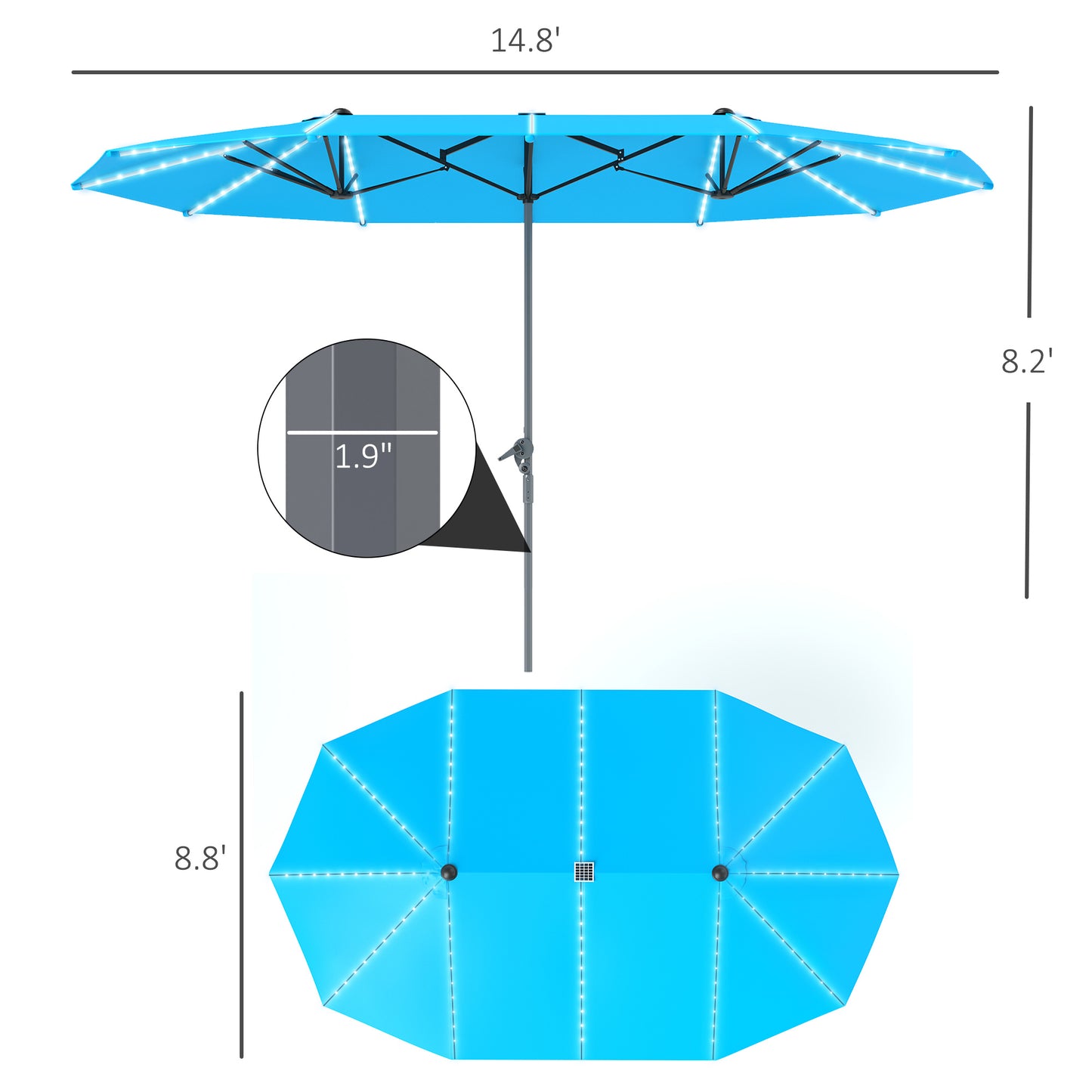 15ft Double-Sided Outdoor Umbrella With Solar Lights, Extra Large Aluminum Patio Umbrella With Crank, Blue