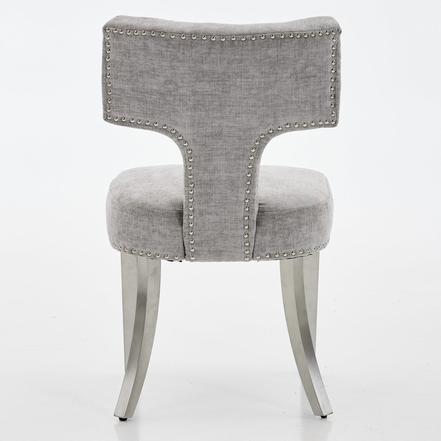 Mid Century Modern Dining Chairs Set Of 2, Farmhouse Chenille Fabric Upholstered Accent Chair Curved Backrest With Copper Nails Around,Kitchen Chairs With Silver Brushed Stainless Steel Legs, Gray