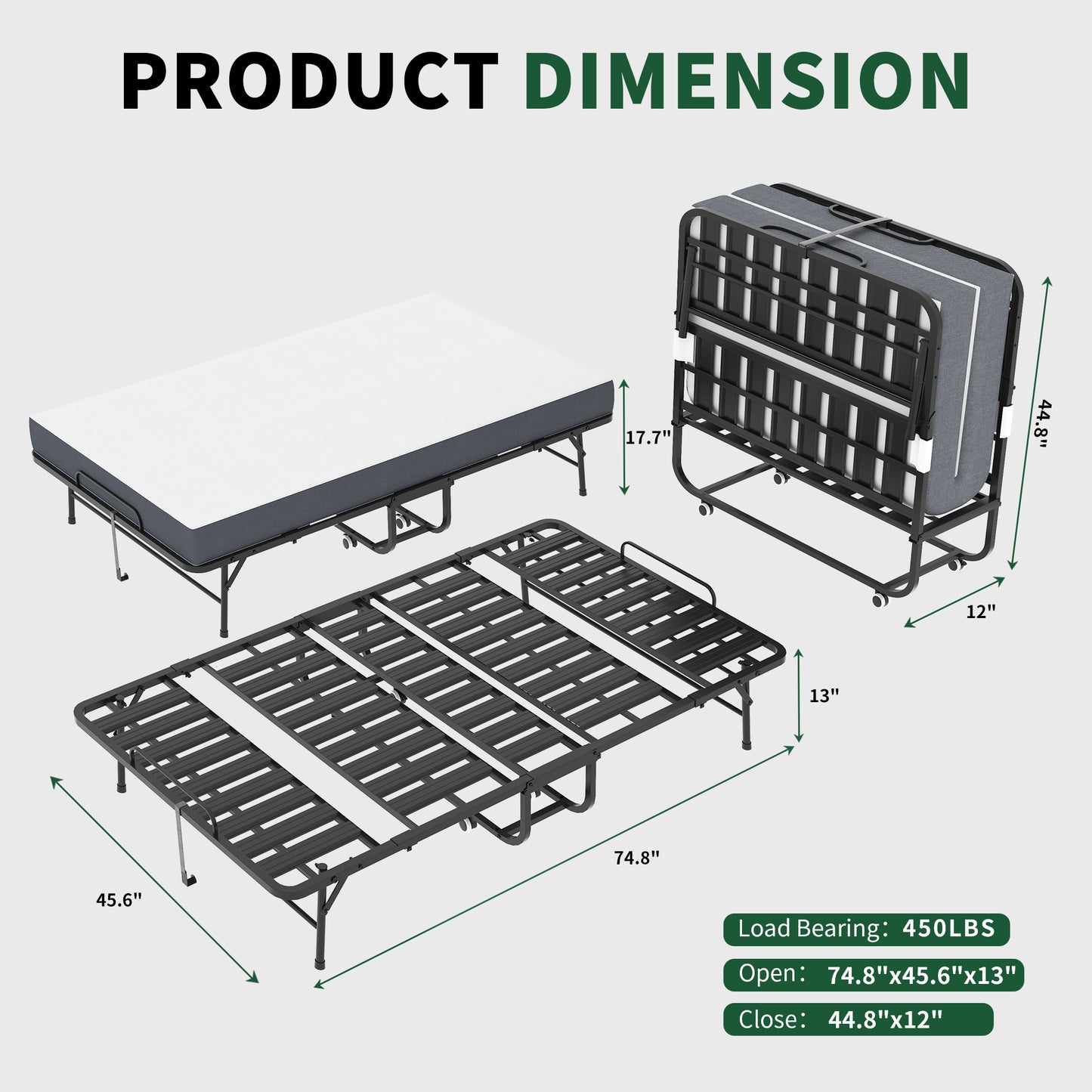 Large 75 X46  Wide Folding Bed For Tall People, Extra Long & Wide Rollaway Bed With 5  Memory Foam, Heavy-Duty 450lbs Capacity Guest Bed, Spacious Portable Twin Cot