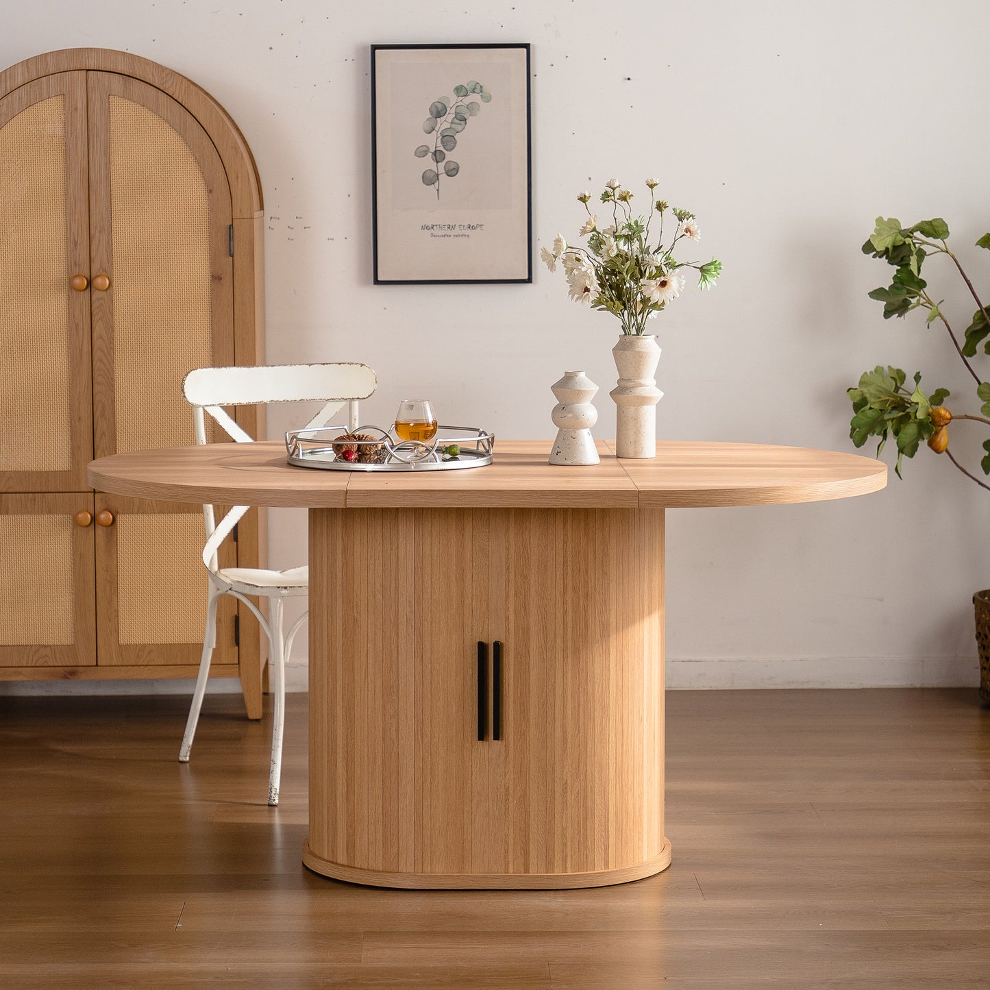 59 Inch Oval Dining Table For 4-6 Oval Table Kitchen Modern Oval Dining Room Table With 2-Layer Storage Shelf And Wood Slide Door Oval Kitchen Tables For Dining Room