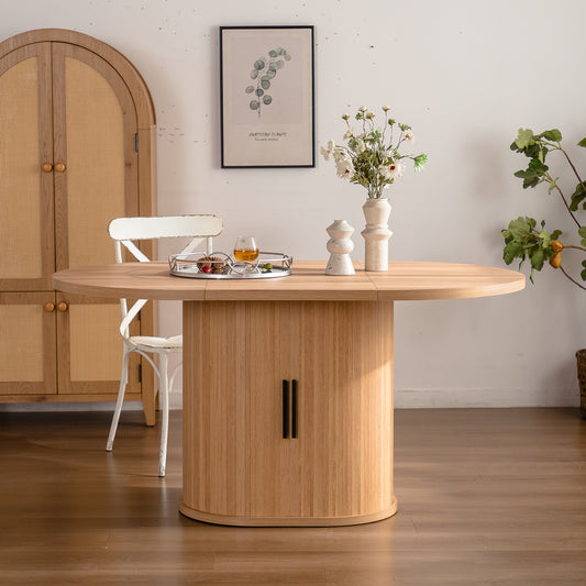 59 Inch Oval Dining Table For 4-6 Oval Table Kitchen Modern Oval Dining Room Table With 2-Layer Storage Shelf And Wood Slide Door Oval Kitchen Tables For Dining Room