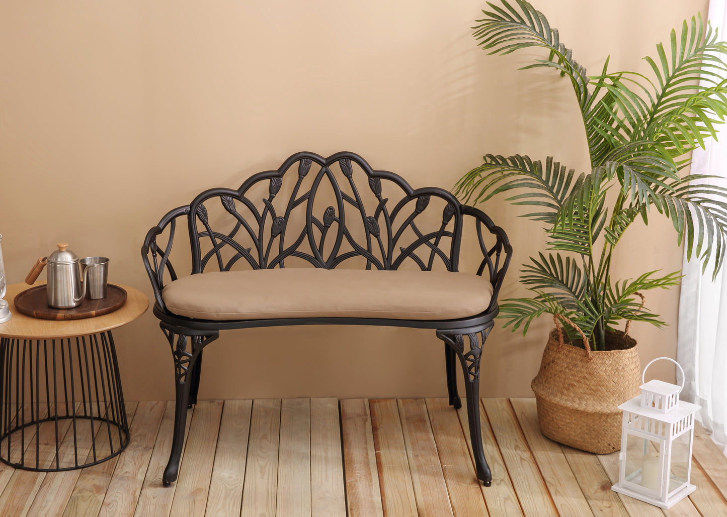 Tulip Patio Garden Bench Metal Park Bench Cast Aluminum Outdoor Furniture With Floral Rose For Patio Park,Lawn,YardBlack Withe Cushion