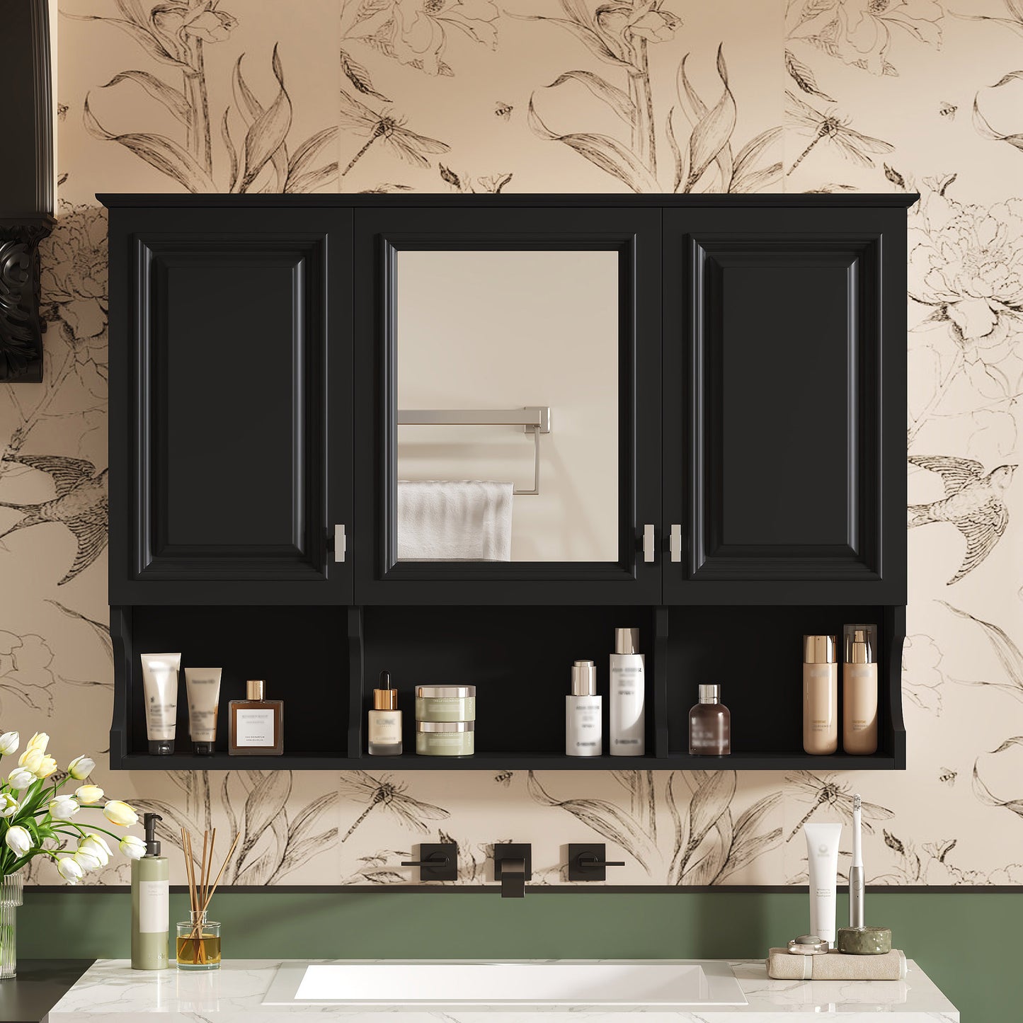 41 Inch Mirror Medicine Cabinet With Open Shelves, Wall Mounted Home Storage With Doors & Mirror, Adjustable Shelf, Bathroom Storage Cabinet Over Toilet