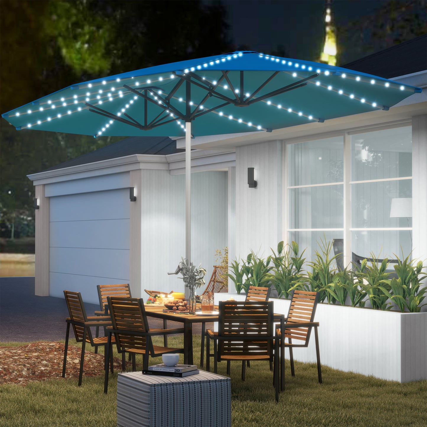 15ft Double-Sided Outdoor Umbrella With Solar Lights, Extra Large Aluminum Patio Umbrella With Crank, Blue