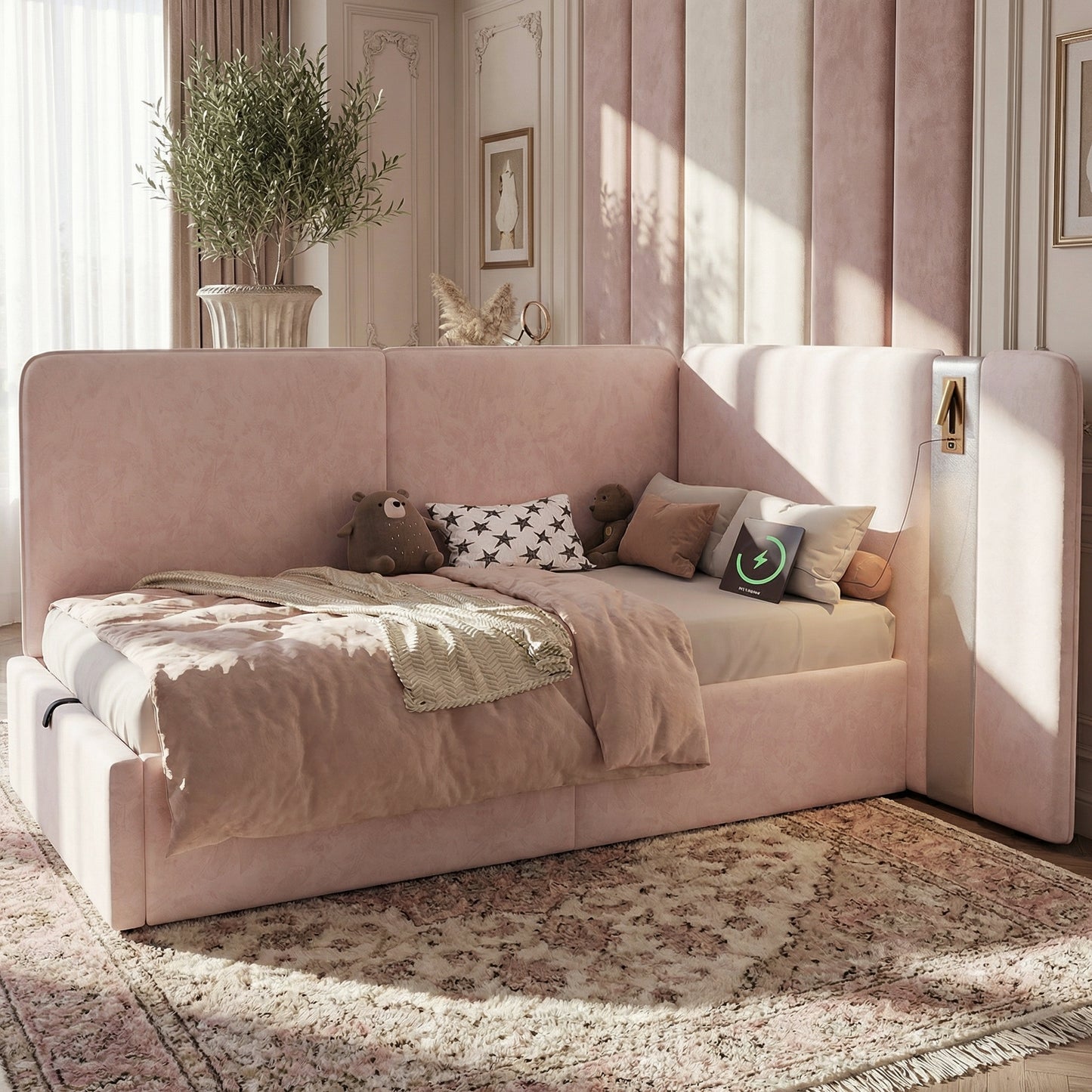 Daybed,  3FT Single Bed 90x190cm, L-shaped Upholstered With Storage, Sofa Bed, Hydraulic Bed With USB Charging Port And Reading Lamp, Velvet, Pink