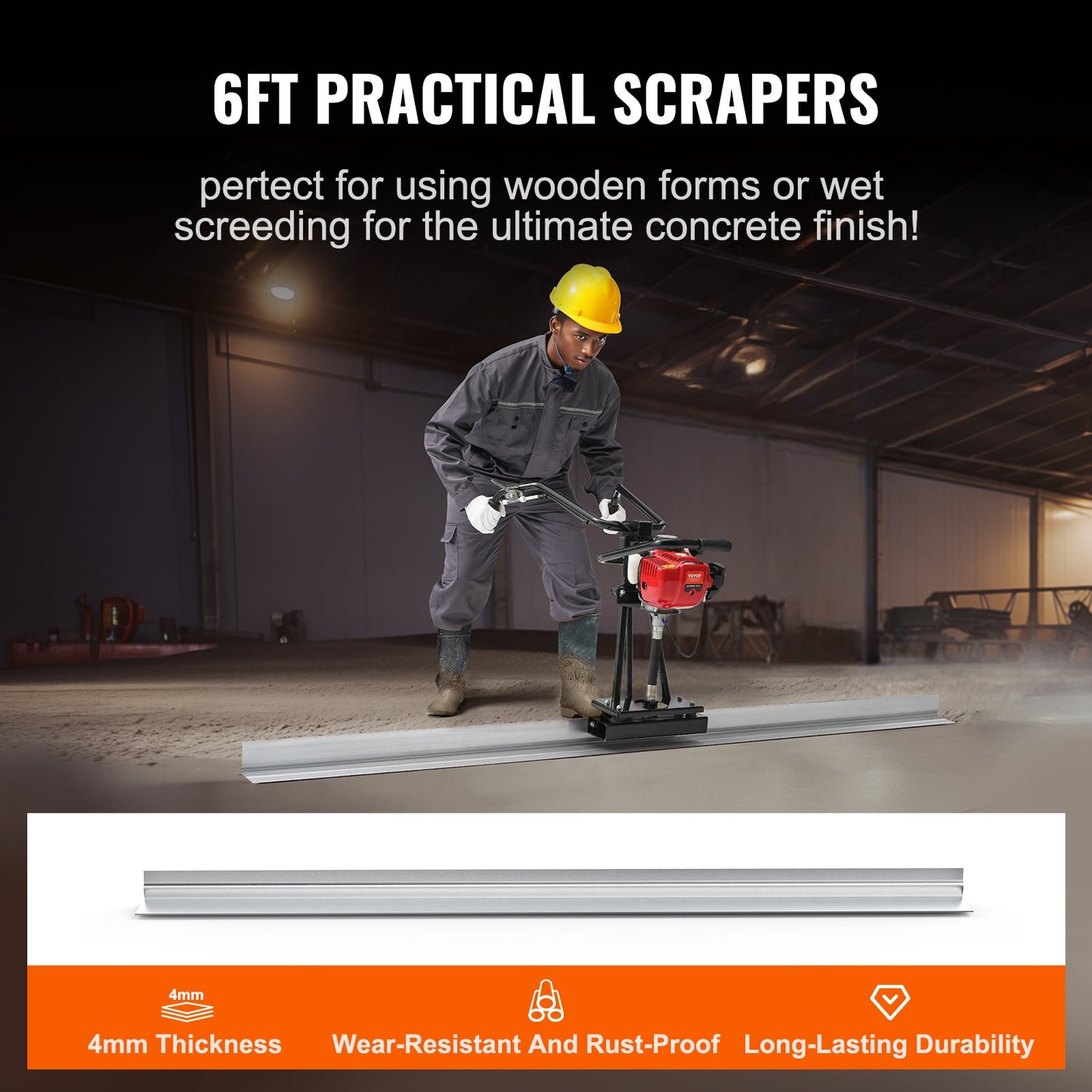 Gas Concrete Power Screed, 6ft Aluminum Board Straight Edge Bar Set, 4 Stroke Cement Finishing Vibrating Motor With Height Adjustable Handles, High Efficient Concrete Tools 6500RPM