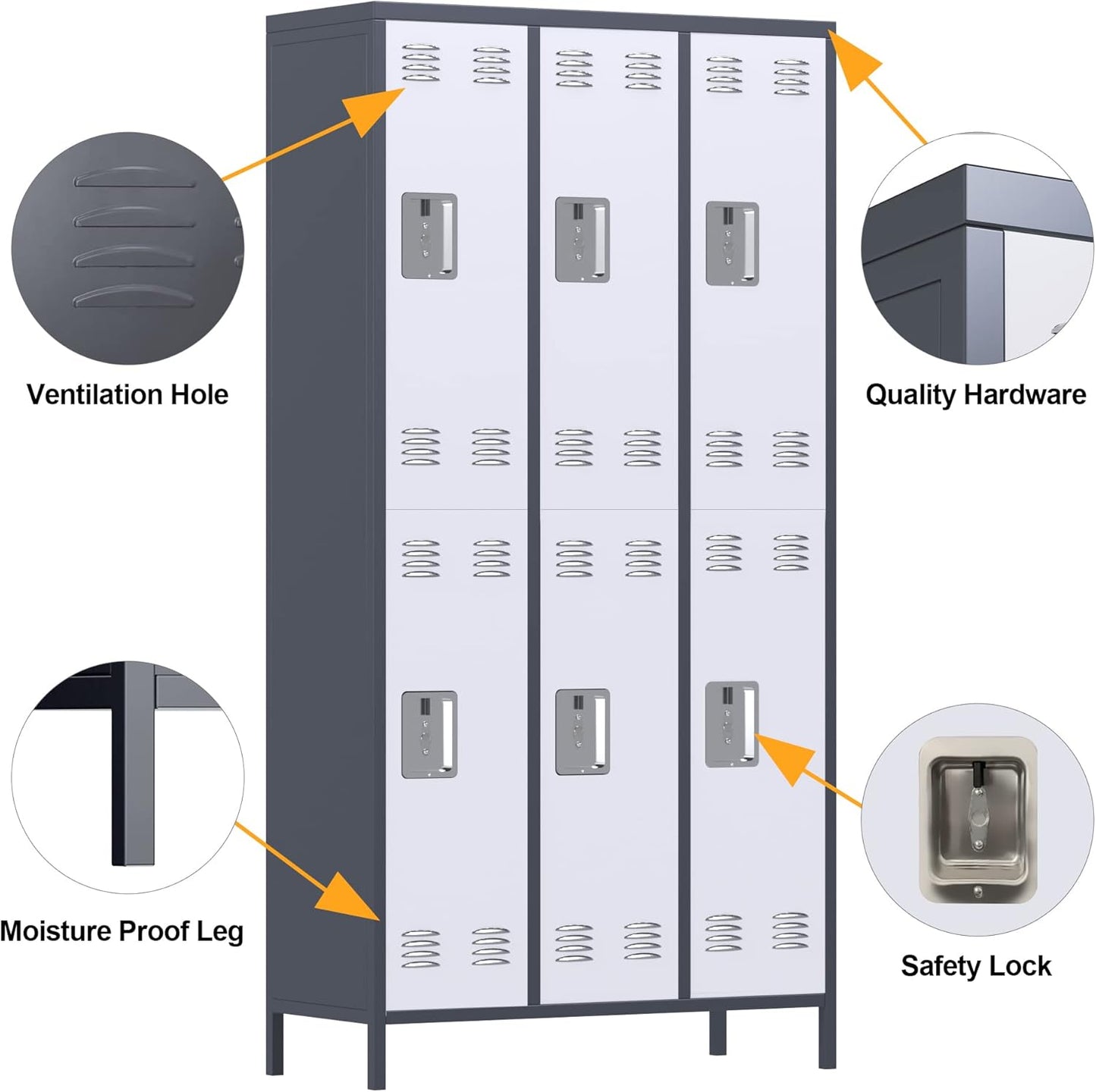 METAN Metal Locker For School Office Gym Bedroom,6 Doors Steel Storage Locker Cabinet For Employees,Industrial Storage Locker With 1 Shelves,Assembly Required,Gray White