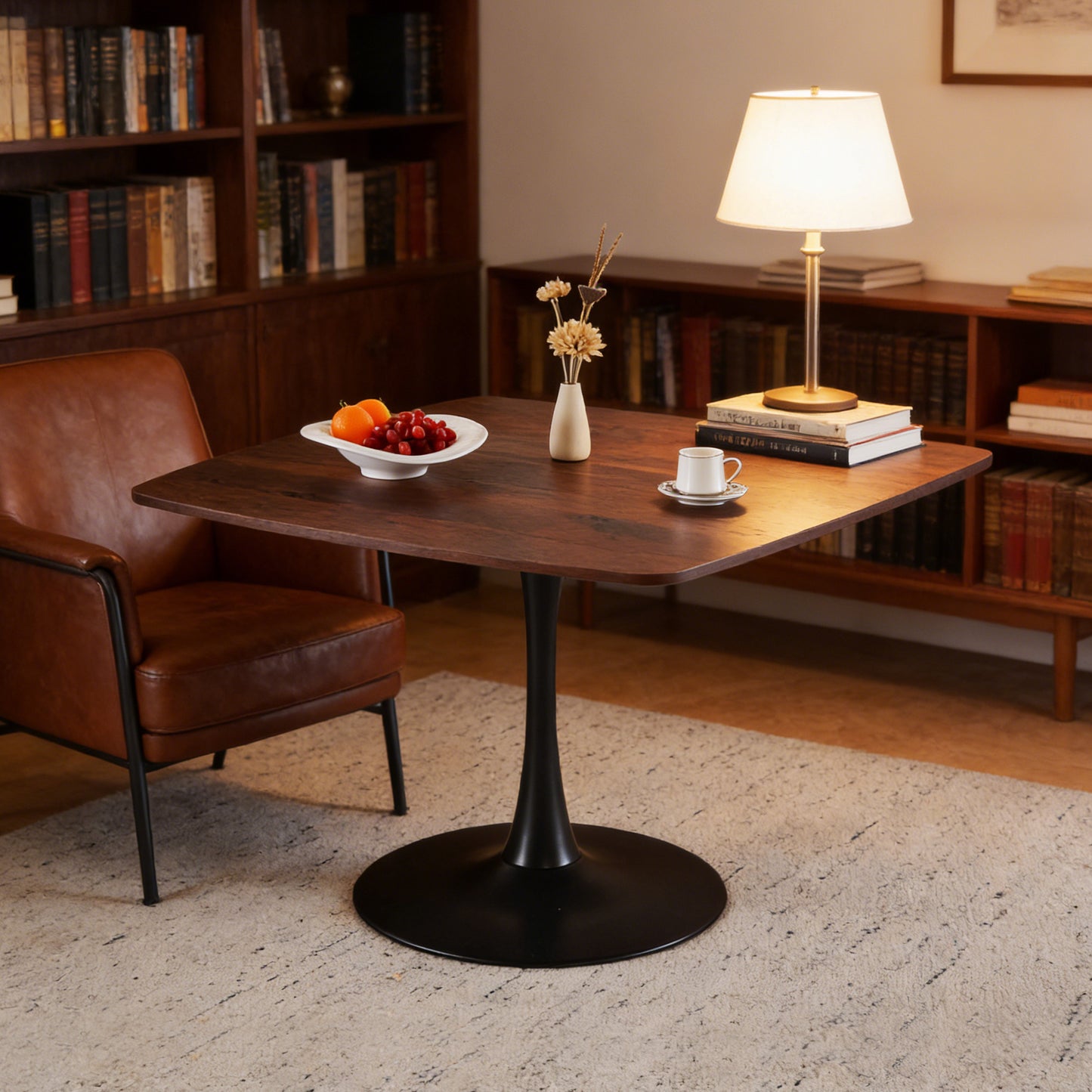 42 Inch Square Dining Table For 4-6 Person, Mid-Century Modern Tulip Table With Sturdy Metal Pedestal Base, Walnut Brown MDF Tabletop, Kitchen & Breakfast Table For Small Space, Apartment, Dining Room