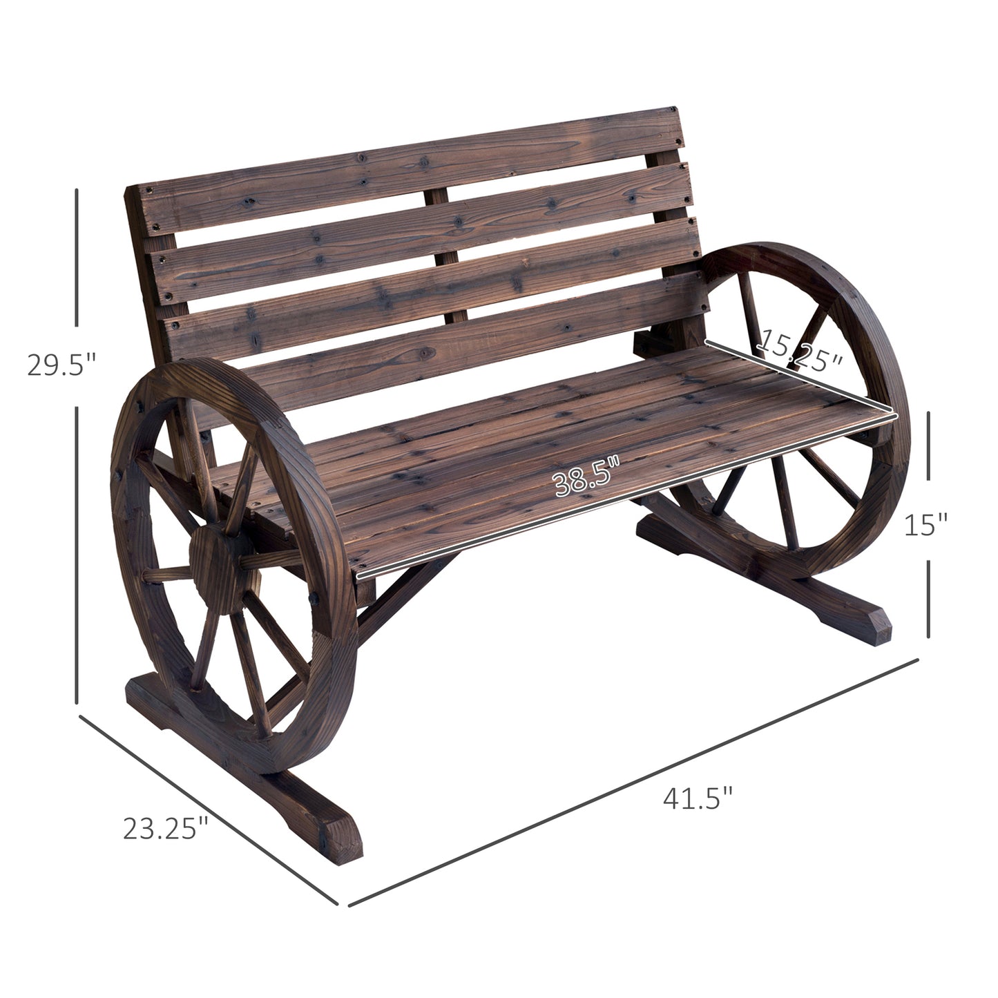 41" Wooden Wagon Wheel Bench, Rustic Outdoor Patio Weather Resistance Furniture, 2-Person Slatted Seat Bench With Backrest, Carbonized