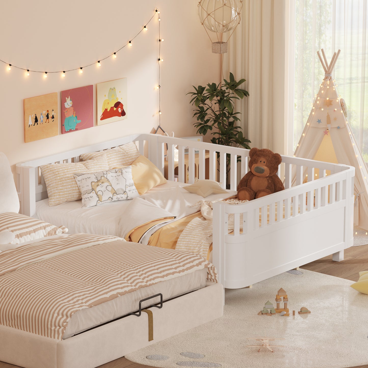 Queen Size Wood Platform Bed, Wood Low Profile Queen Bed With Rails For Girls And Boys, White