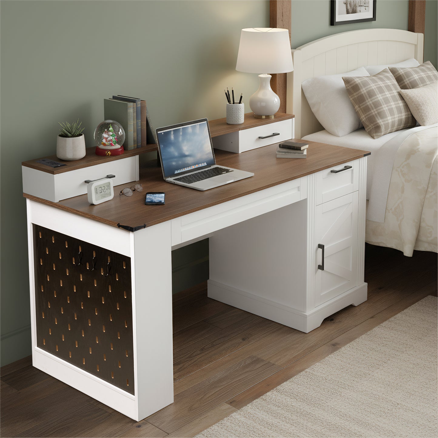 55 Farmhouse Office Desk With Storage Cabinet  Charging Station, Barn Door Design Computer Writing Desk With Keyboard Tray, Monitor Stand And Pegboard For Study, Living Room, Home Office, White