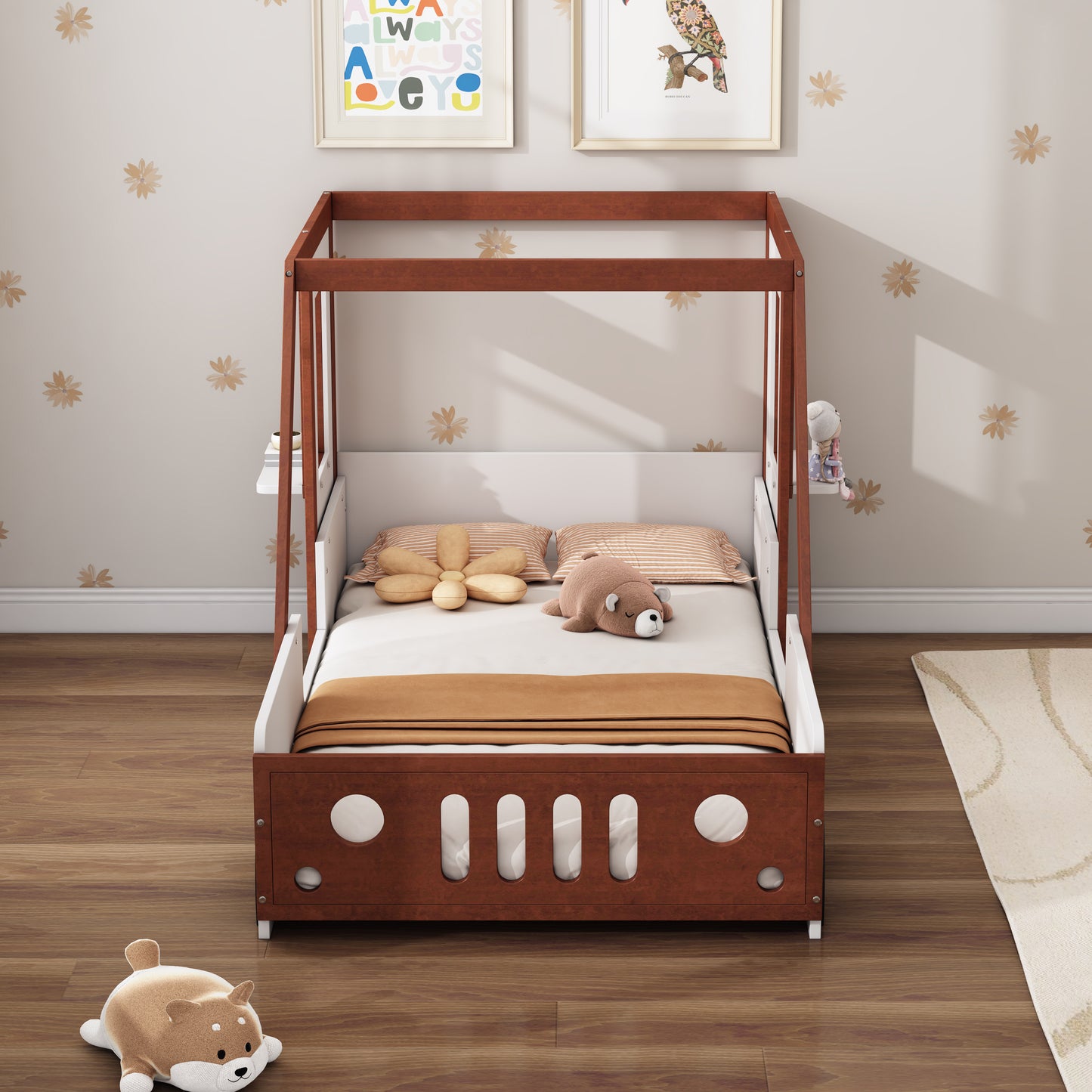 Play Design Twin Size Car Bed, Kids Platform Bed In Car-Shaped For Kids Boys Girls Teens,White  Orange