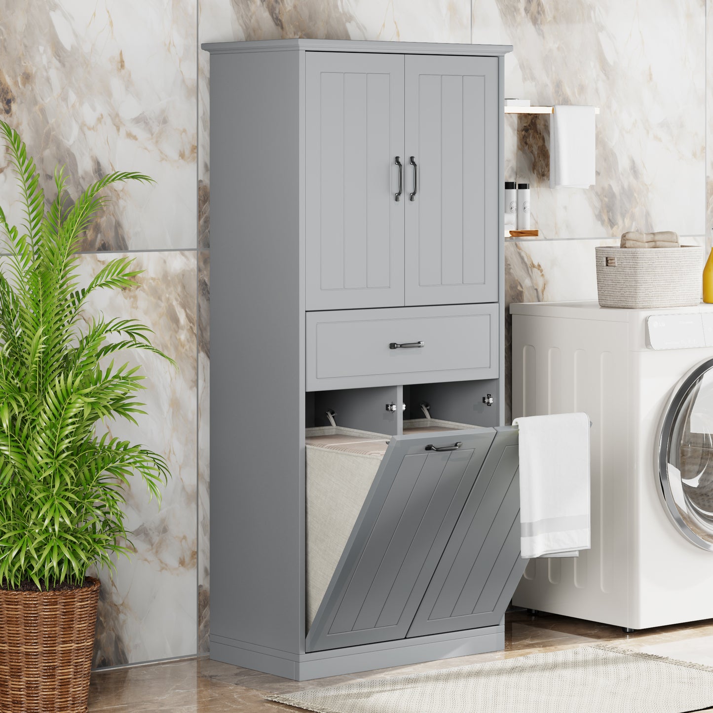 Bathroom Storage Cabinet With Two Laundry Baskets, Storage Cabinet With Doors And Drawer For Home, Grey