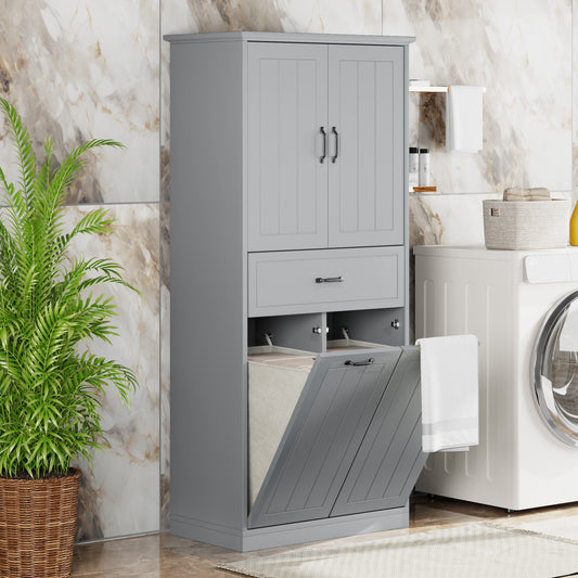Bathroom Storage Cabinet With Two Laundry Baskets, Storage Cabinet With Doors And Drawer For Home, Grey