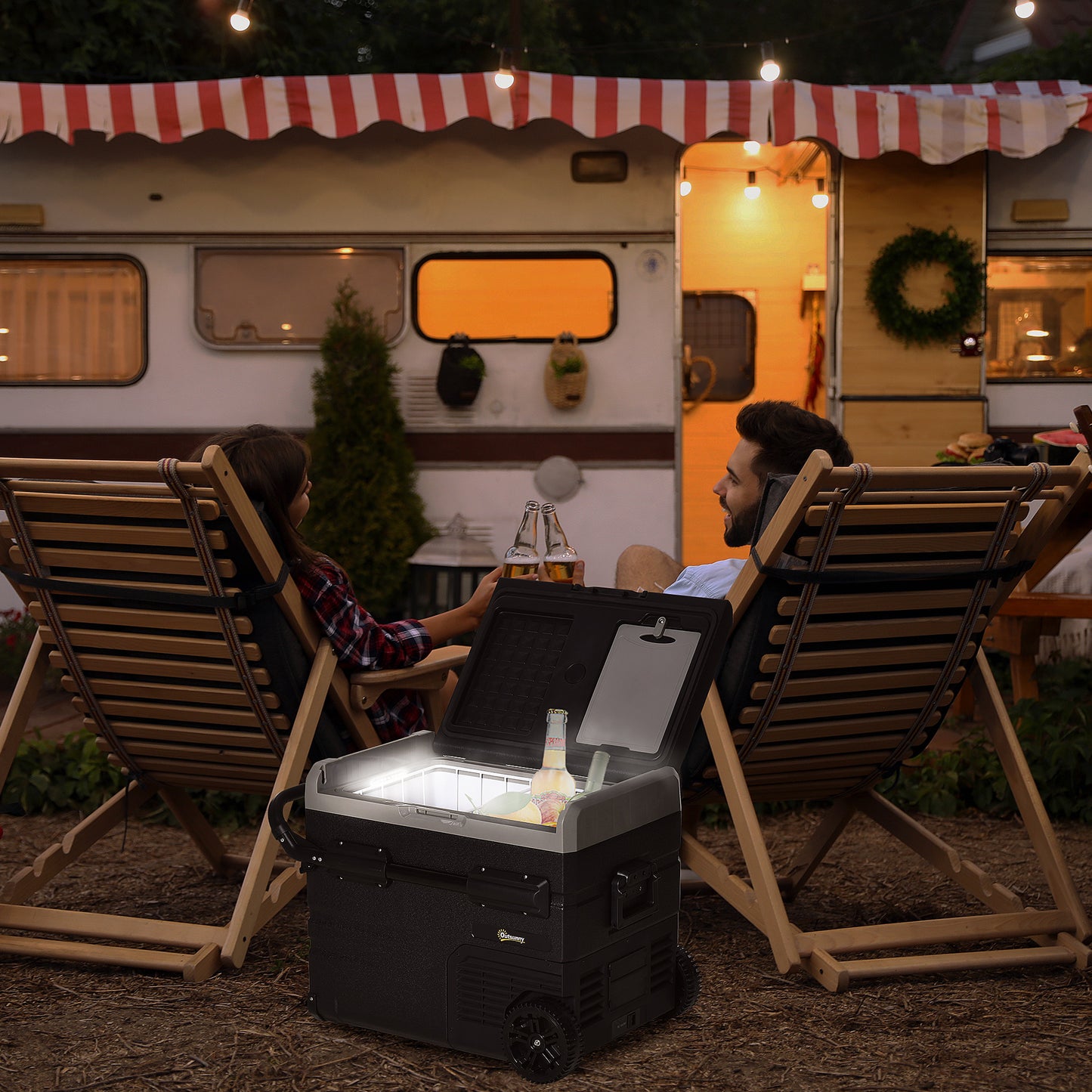 50L Car Refrigerator, Portable Compressor Cooler Box, Fridge Freezer W/ Inner LED Light, Foldable Handles, Cup Holders, 12/24V DC And 110-240V AC For Campervan RV Boat Travel Down To -20℃