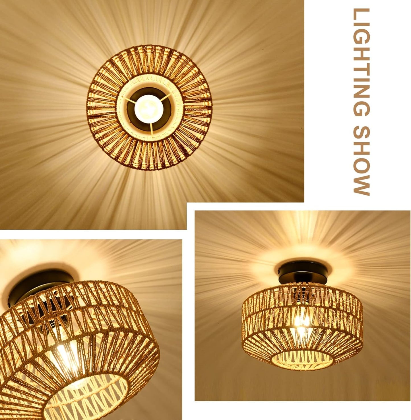Boho Light Fixtures Ceiling Mount,Mini Rattan Chandelier Light Fixture With Dimmable LED Bulb,Hand W