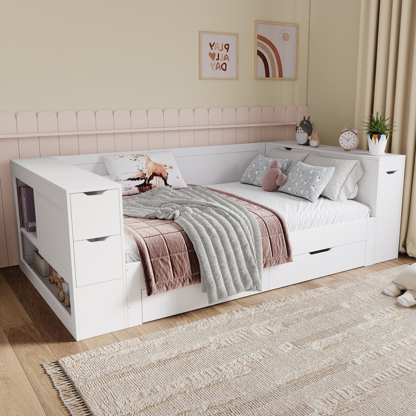 Childrens Bed, Daybed, 4ft6-135 X 190 Cm, Double Bed, Multifunctional Children's Bed With Drawers, Shelves And Storage Space, With Bedside Table, With Storage Space, Without Mattress, White