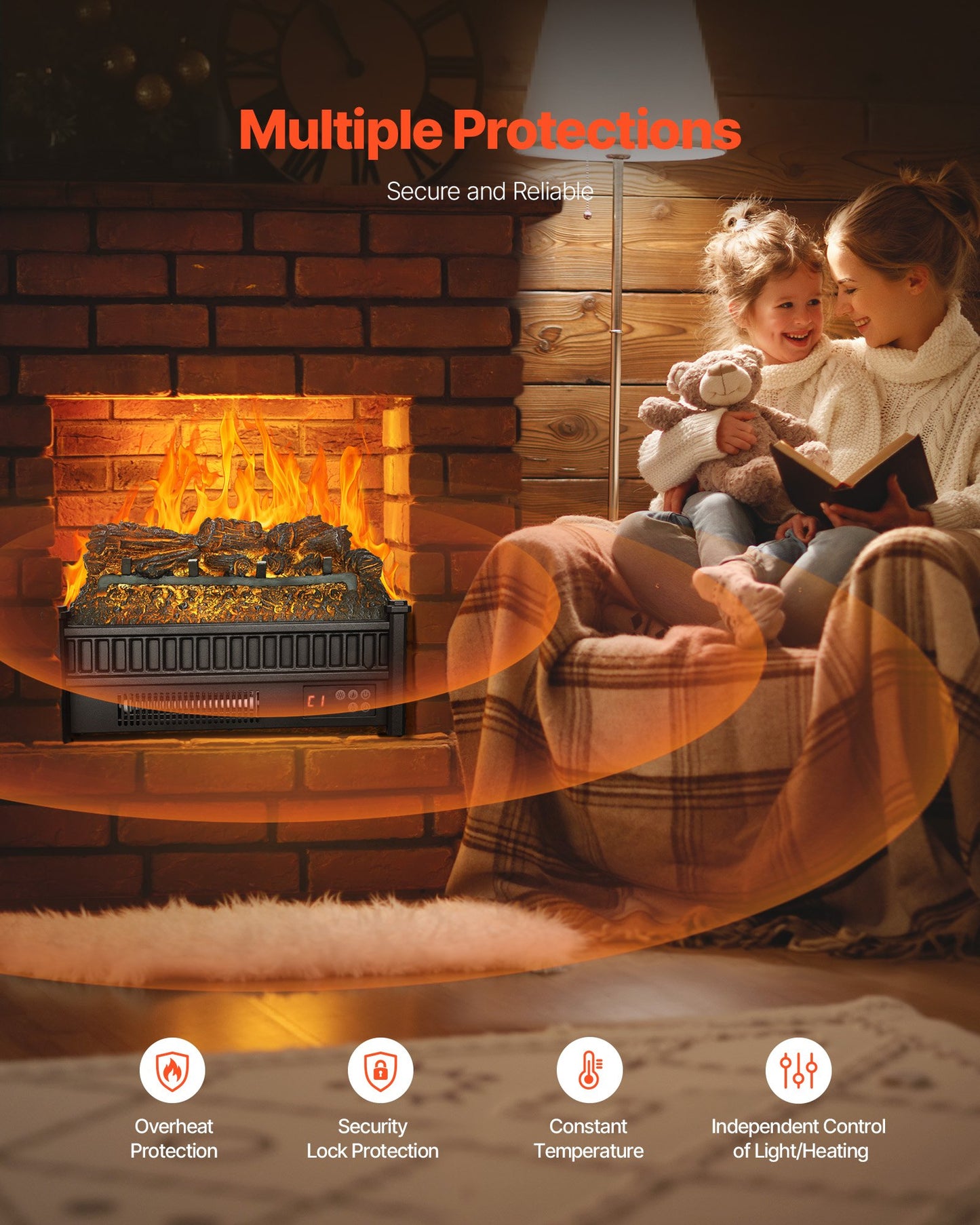 Electric Fireplace Log, 20 Inch Fireplace Insert Log Heater, With Remote Controller, 5 Adjustable Flame Brightness, 24H Timer, Overheat Protection, Thermostat, For Home And Office Decor Black
