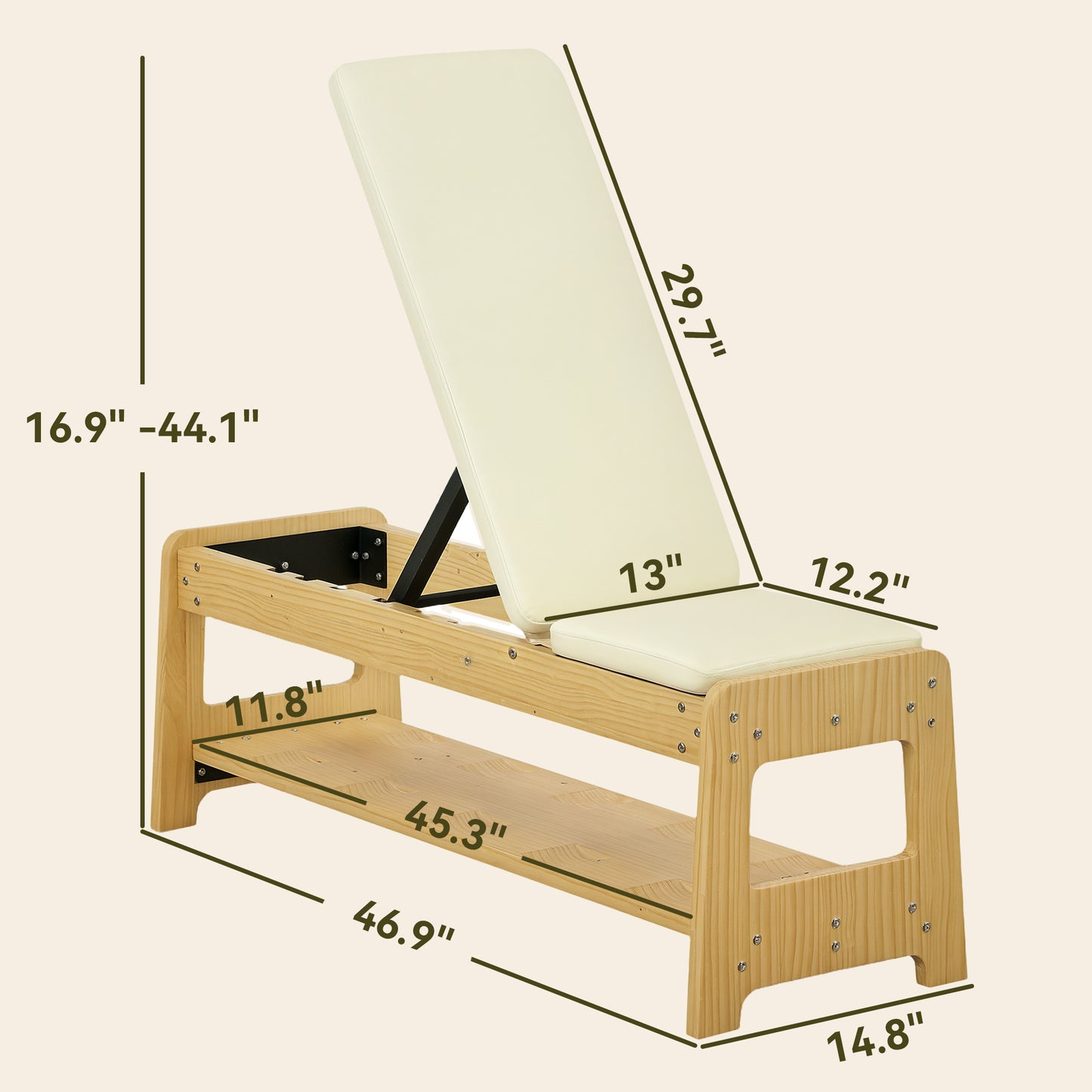 Wooden Adjustable Weight Bench With Dumbbell Rack, Flat Or Incline Workout Bench For Home Gym Weight Lifting, White