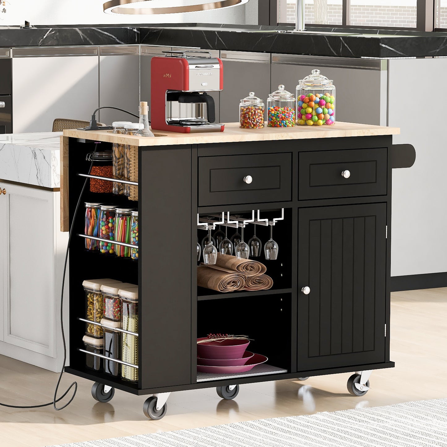 Kitchen Island With Power Outlet,Kitchen Storage Island With Drop Leaf And Rubber Wood,Open Storage And Wine Rack,5 Wheels,with Adjustable Storage For Home, Kitchen, And Dining Room, Black